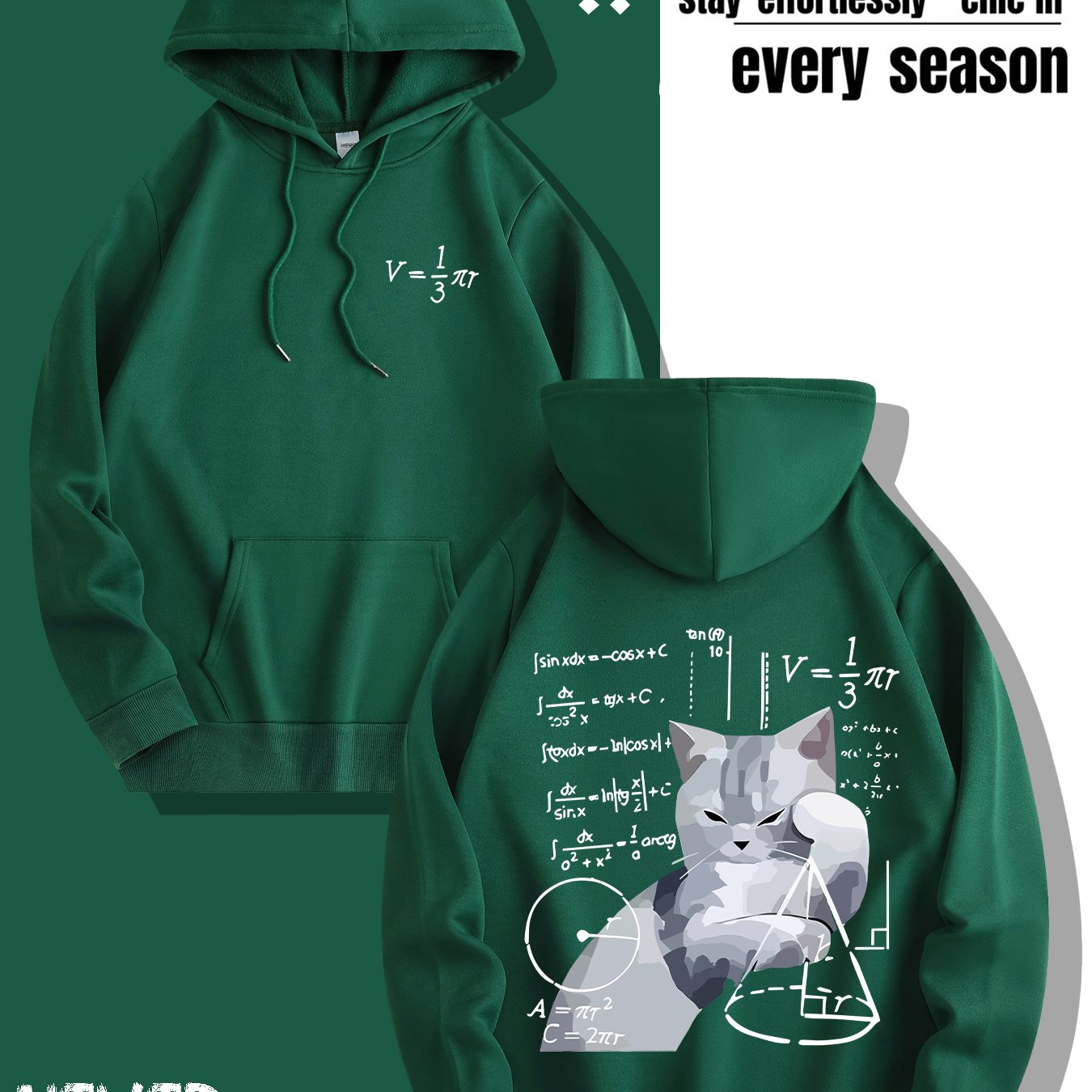 TEMU Math Formula Kitten Print Hooded Sweatshirt - Unisex Casual Pullover With Adjustable Drawstring, Front Pocket, Machine Washable, Streetwear