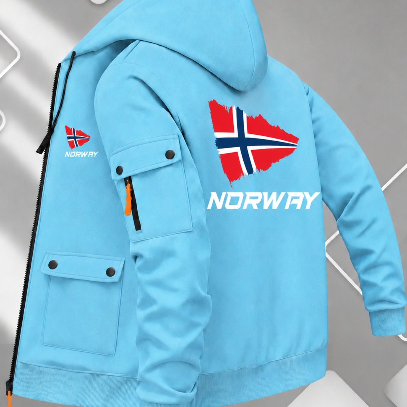 Image of Aw26, Mens Light Blue Zip-up Hoodie With Flag Print, Multi-, Lightweight Durable For Daily Wear, Outdoor, Casual Streetwear, Fall Season Stylish Layering Piece, Ss26