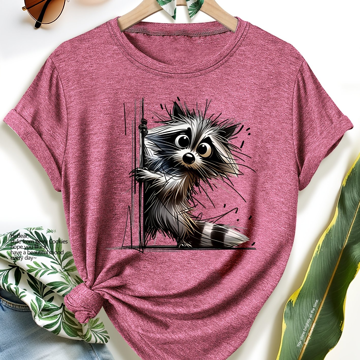 TEMU 2026 New Women's Short-sleeve T-shirt Featuring A Raccoon Print, Perfect For Spring, Summer, And Autumn. Elegant And Versatile, This Casual