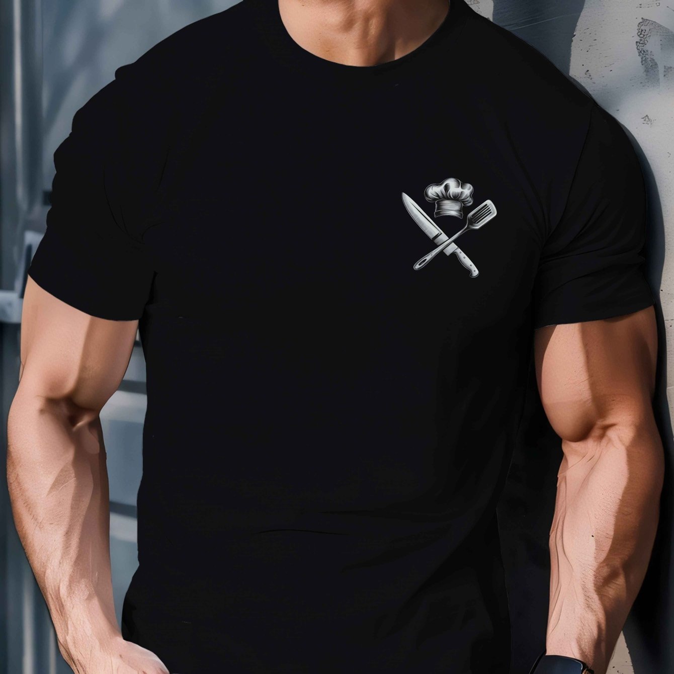 TEMU Men's Chef Kitchen Tool Print T-shirt | Themed Short Sleeve Shirt With Chef Utensil Patterns (knives, Spatulas, Whisks), Machine Washable Crew