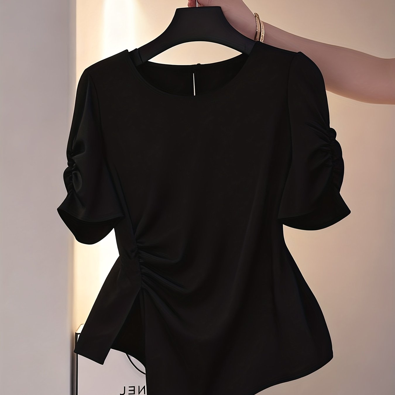 TEMU Elegant New Style Adult Women' Color Waist-cinching Pleated Irregular Short Sleeve Top Shirt Ll425