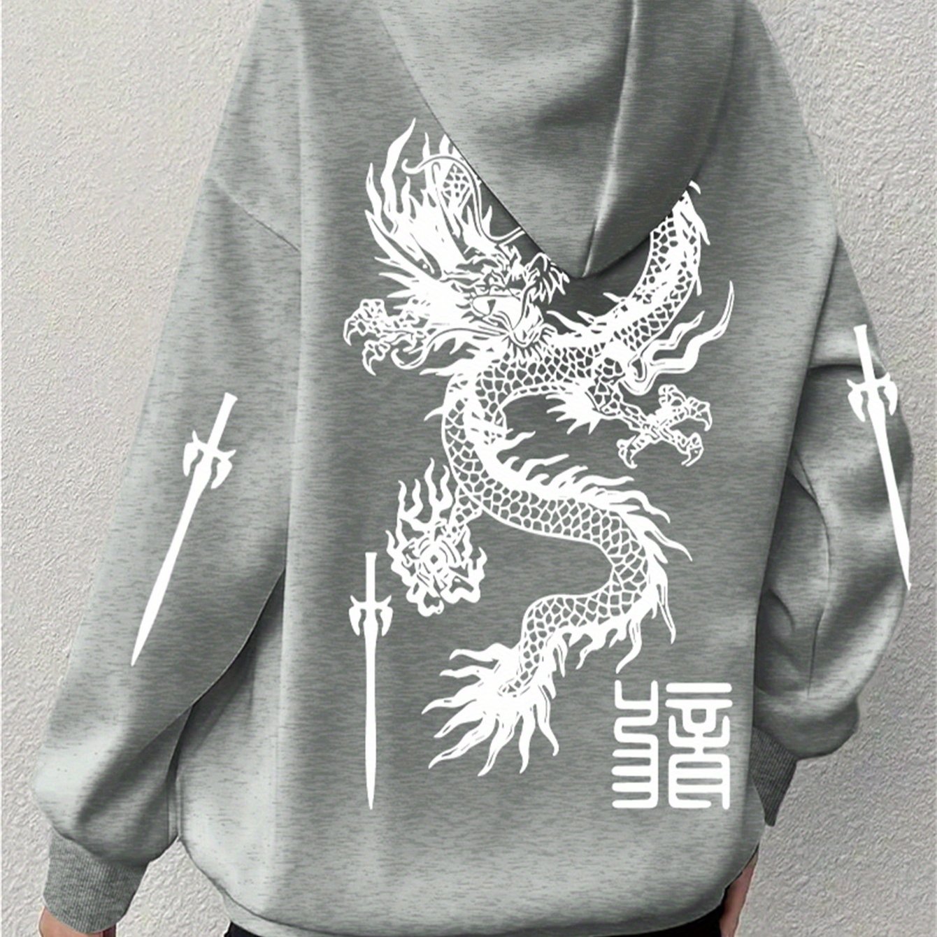 TEMU Cozy Plus Size Dragon Print Hoodie For Women - Soft Polyester, Casual Long Sleeve With Pockets, Machine Washable