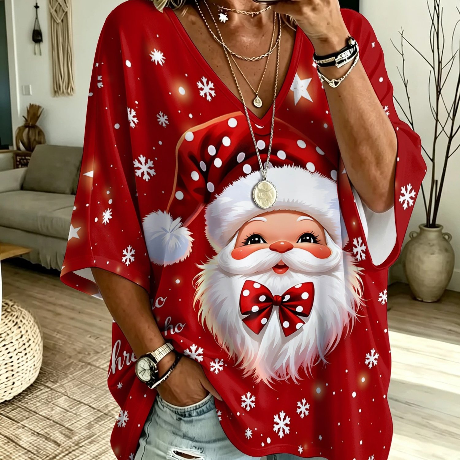 TEMU T-shirt grande taille pour femme, avec un joli imprimé Père Noël avec des de neige et des étoiles, style de Noël. Convient pour de fêtes et les