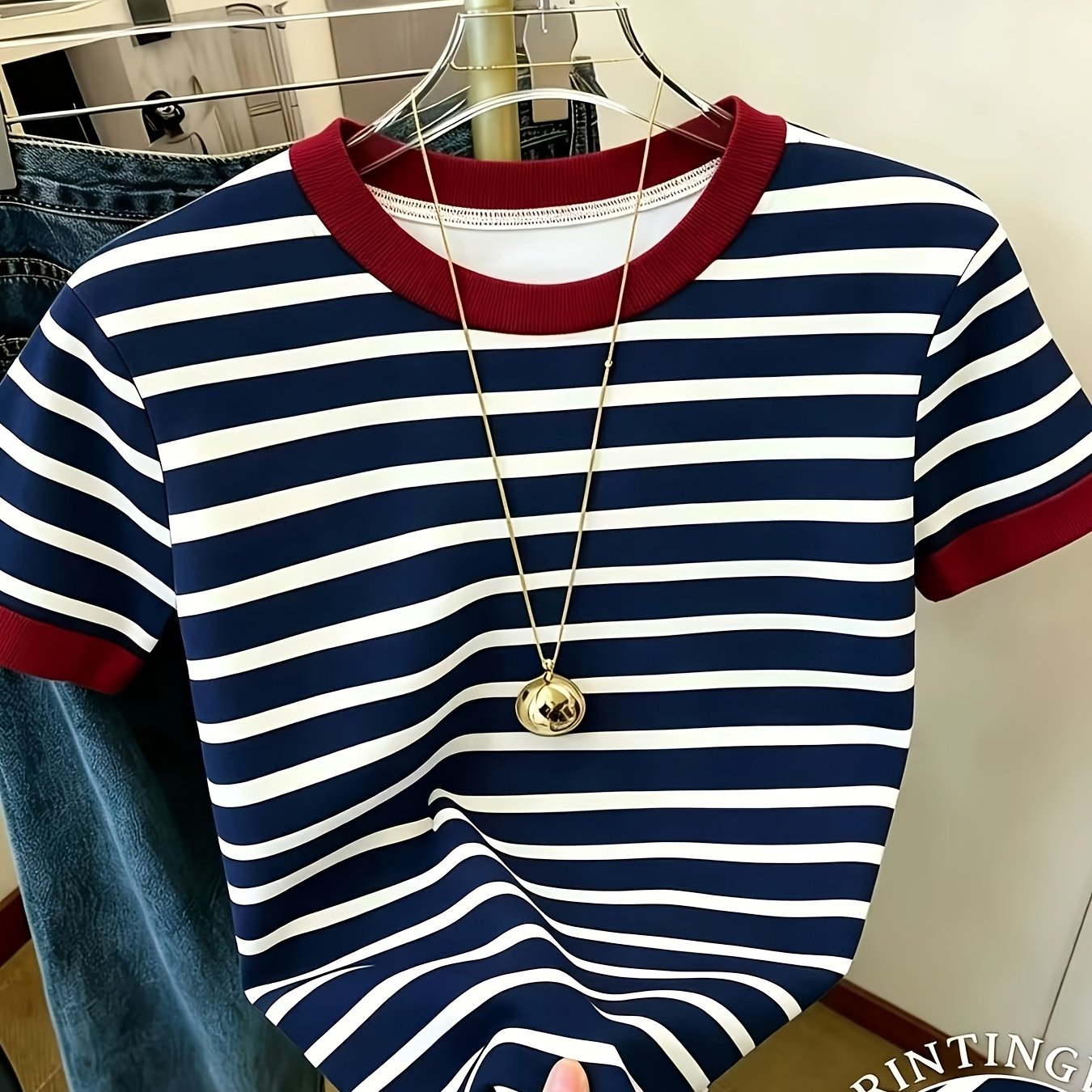 TEMU Style Contrast Collar Striped Short Sleeve Vintage Fashion T-shirt
