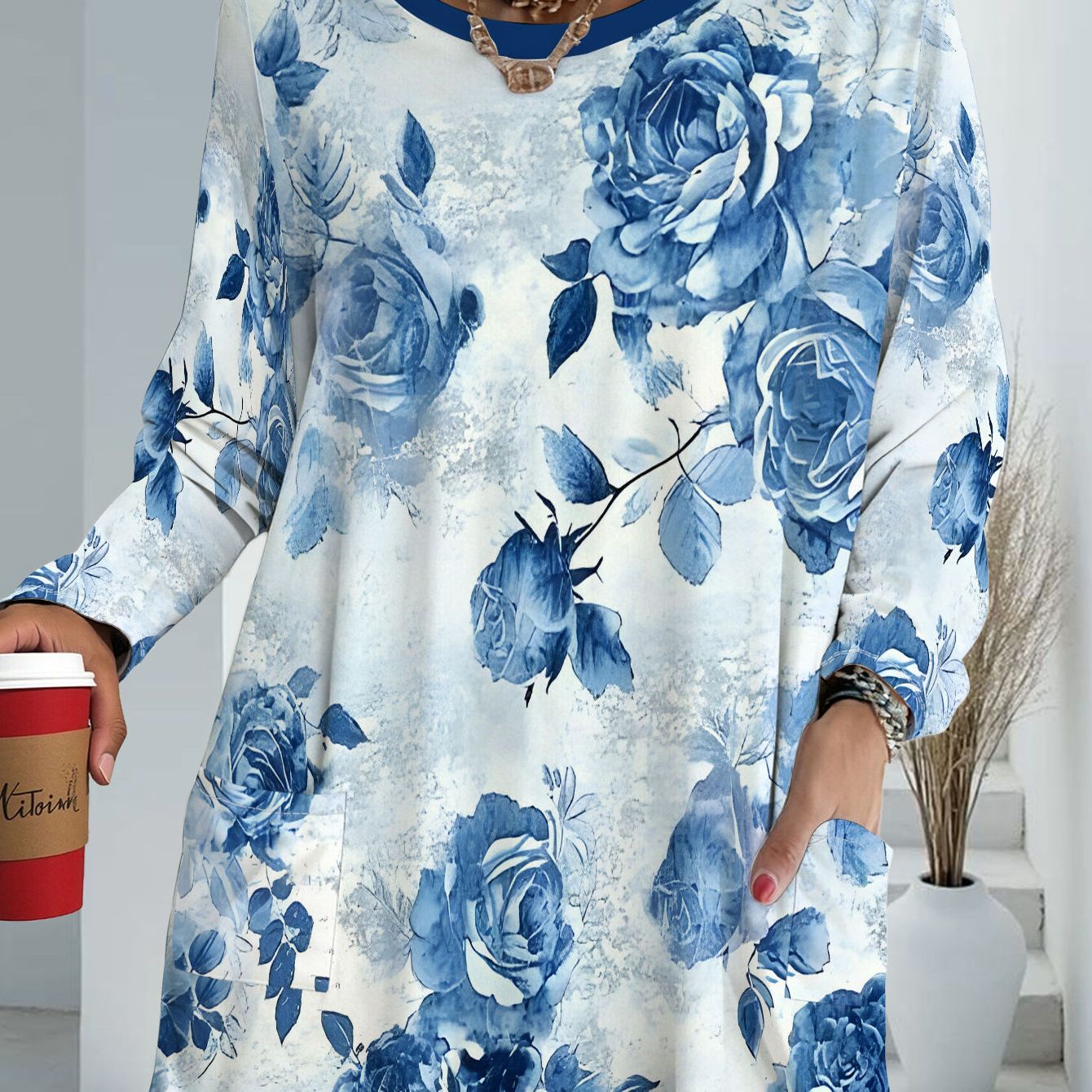 TEMU Women's Plus Size Oversized Blue Rose - Blouse With Pockets - Loose-fit Long Sleeve T-shirt, Casual Round Neck Top For Spring Summer Fall,