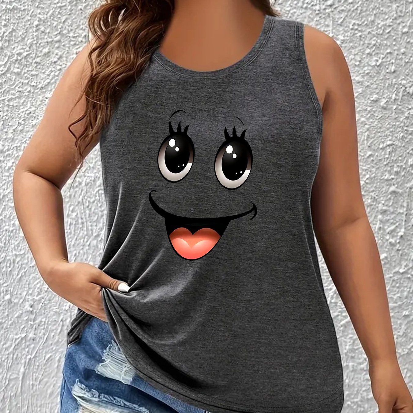 Image of Plus Size, Women's Plus Size Oversized Sleeveless Face Print Round Neck Top - Casual Blouse, Machine Washable Loose Fit Tunic Shirt For Beachwear, Lounge & Casual Attire (non-)