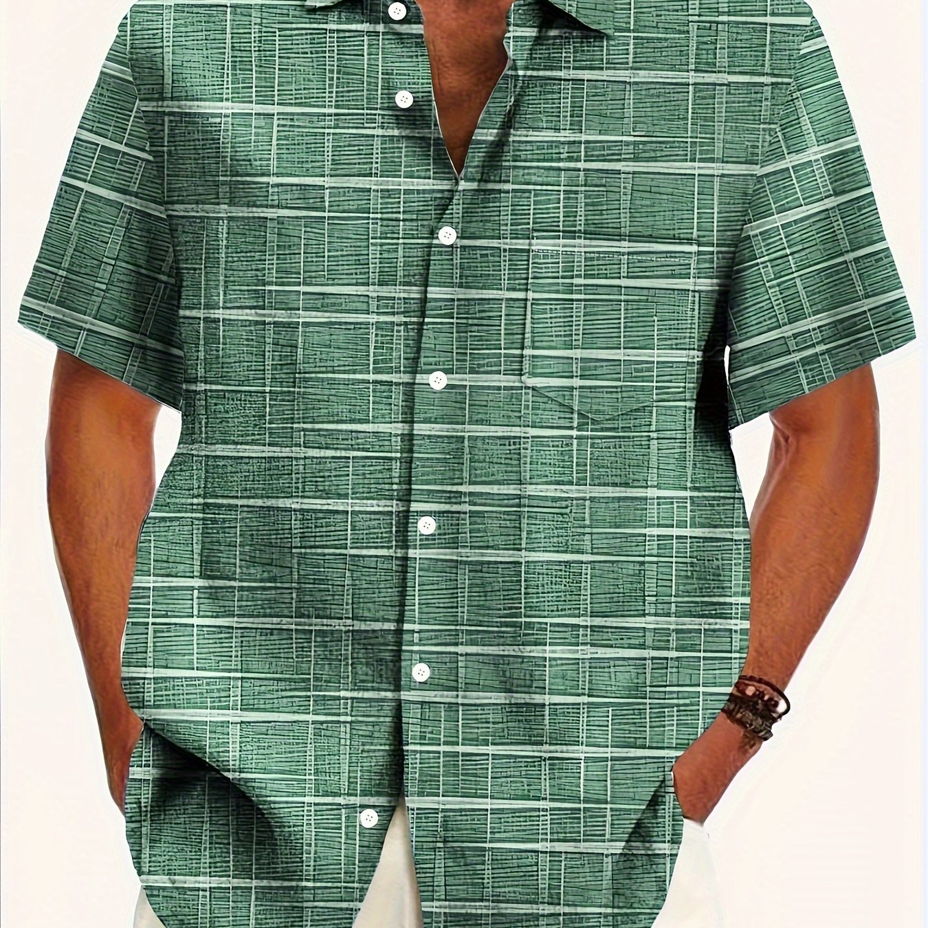 Image of Vintage Geometric Texture Print Men's Plus Size Button-up Pocket Short Sleeve Shirt, Plus Size Retro Shirts Men, Plus Size
