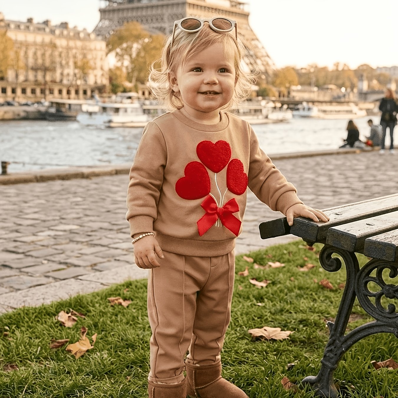 Image of Baby Girl Fashion Romantic 2-piece Set 3d Love Heart Embroidery Bow Small Round Neck Long Sleeve Sweatshirt And Casual Solid Color Lace Elastic Waist Loose Straight Long Pants