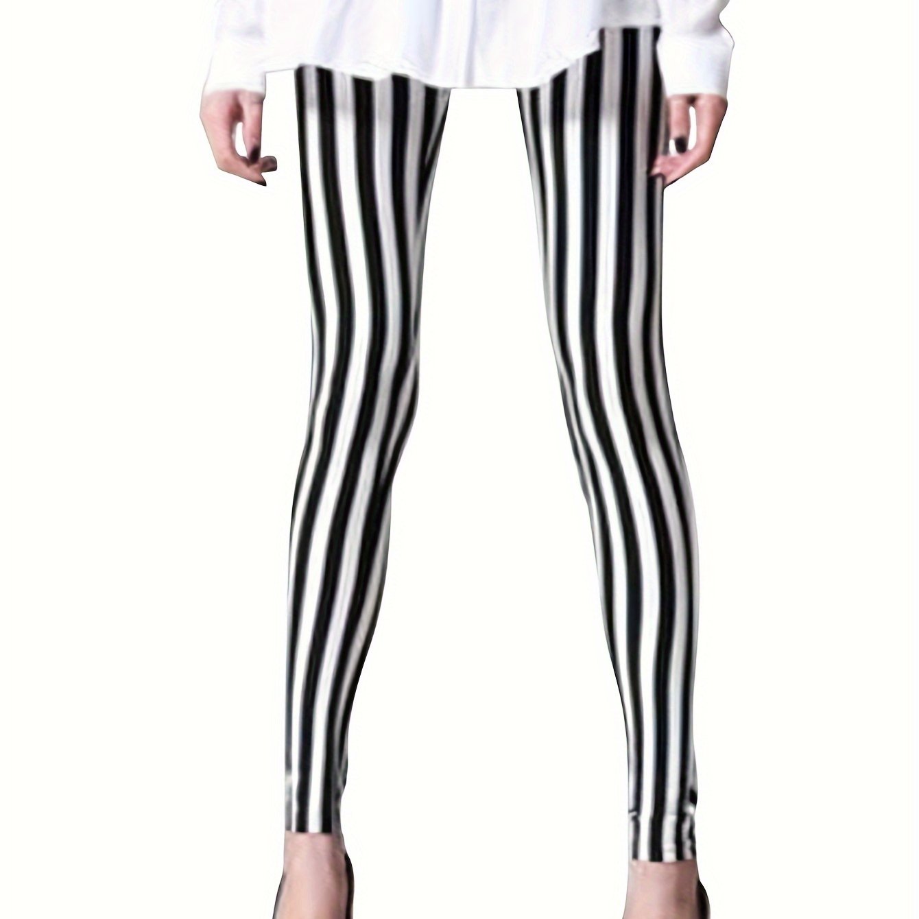 TEMU Women' White Striped Ankle Length Stretchy Legging Pants