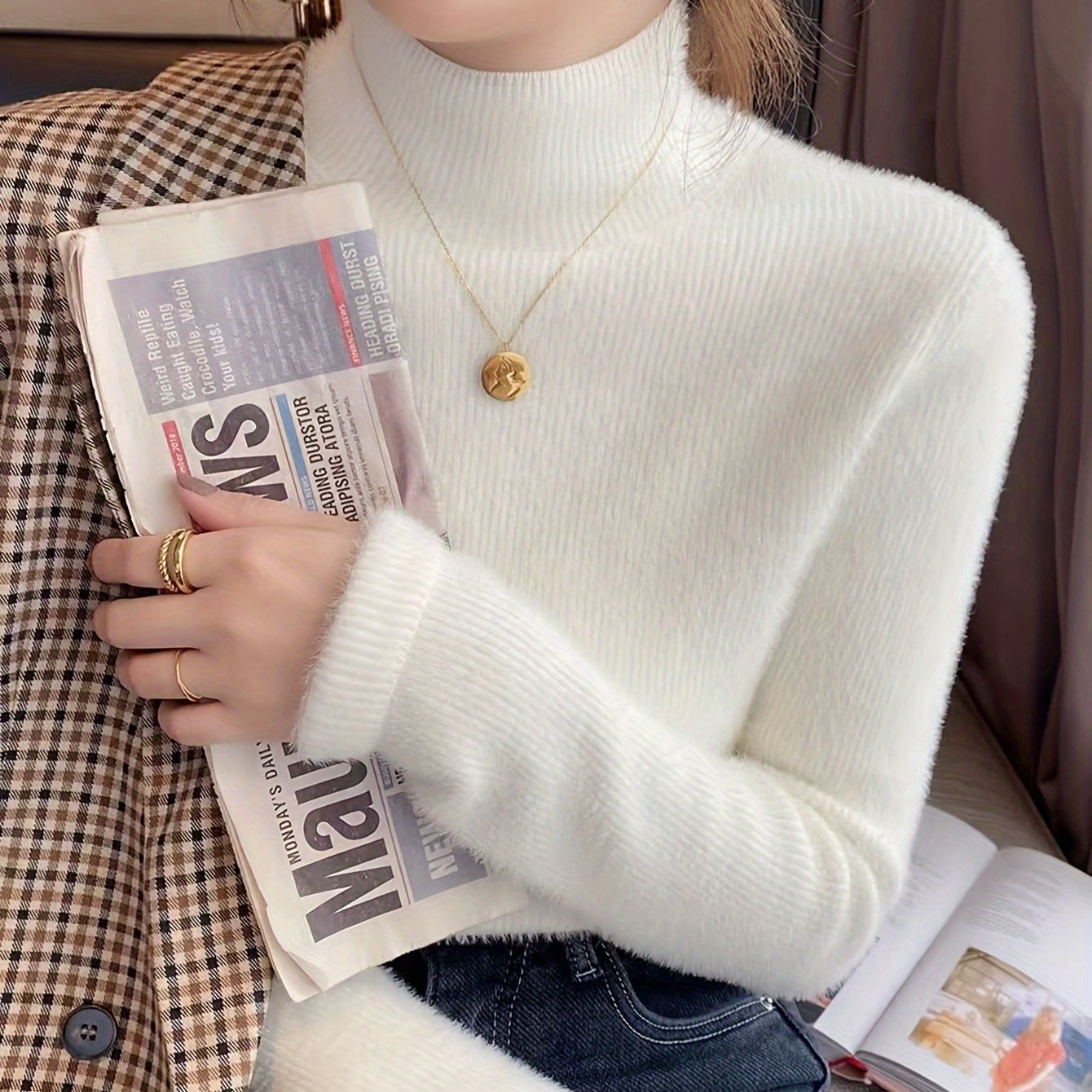 TEMU Elegant Mock Turtleneck Sweater For Women - Cozy, Thick Knit Pullover With Long Sleeves, Fall & Winter