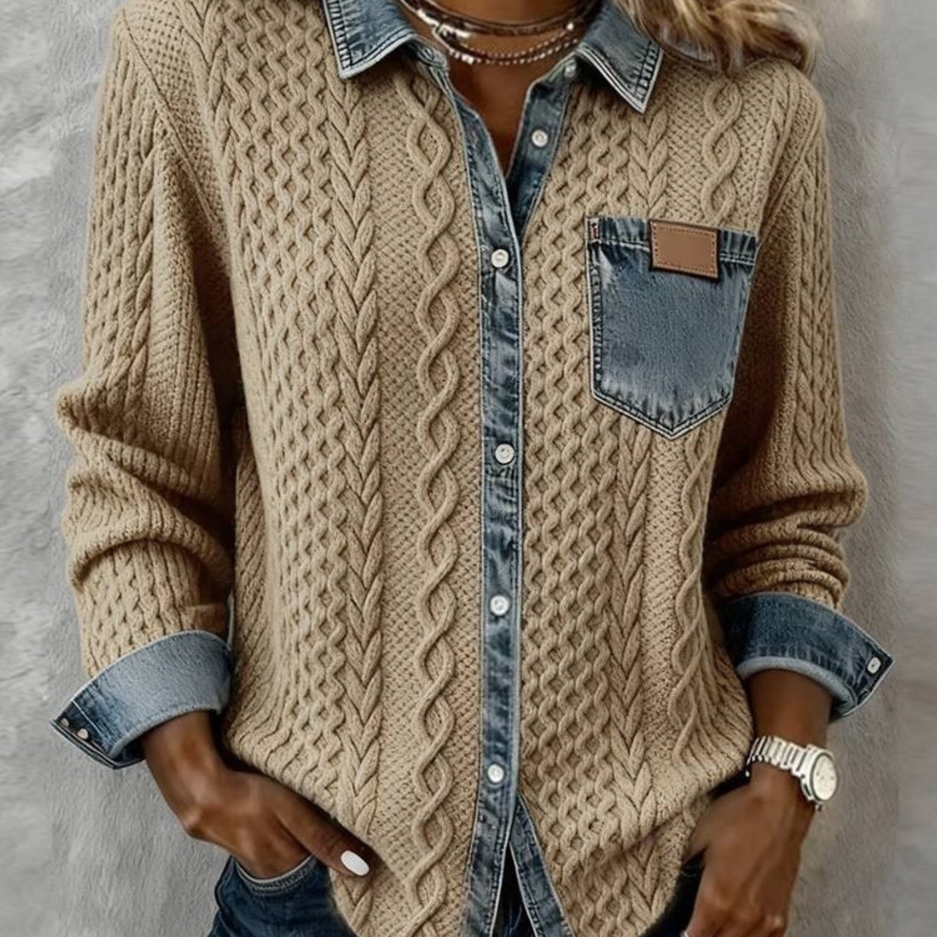 Women's -friendly Denim Shirt | 2pcs Long-sleeve Fall Winter Cardigan