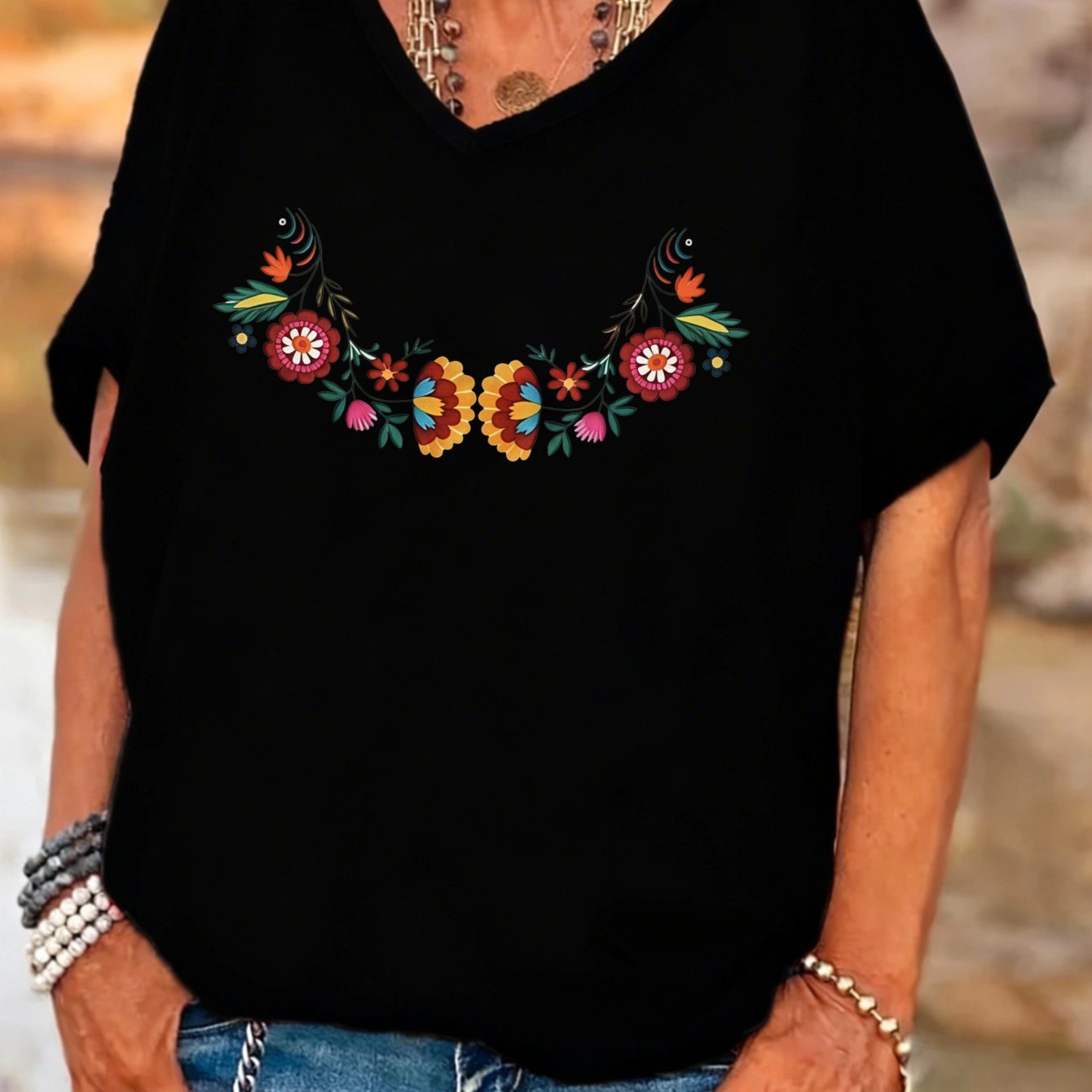 TEMU Plus Size Women's, Bohemian Style, Loose Fit T-shirt, Colorful Floral, Casual Daily Wear