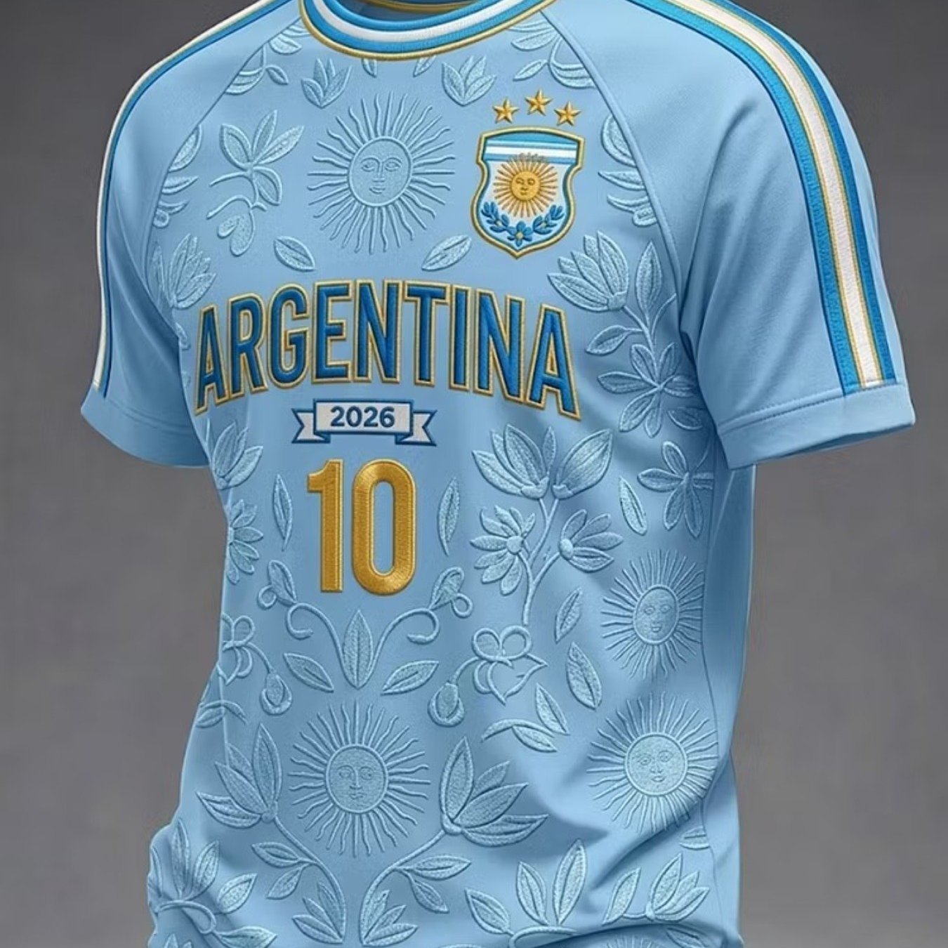Image of Men's Quick-dry Argentinian Sun & Floral Print Short-sleeve Shirt - Suitable For, Round Neck Embossed/embroidered Top, Machine Washable Sports For Casual Wear, Versatile Athletic Apparel