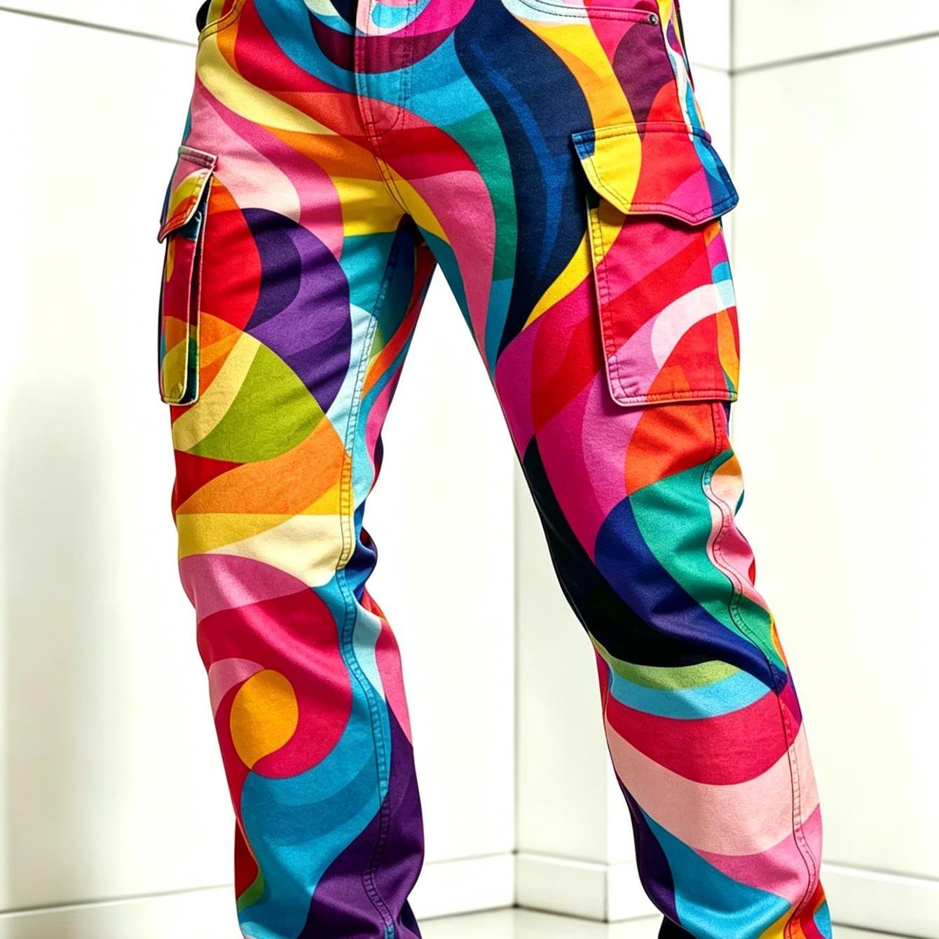 Image of Men' Loose-fit Cargo Pants With Multi-pocket & Colorful Swirl - Trousers Suitable For Streetwear, Outdoor,, Machine Washable Mid-length Trouser