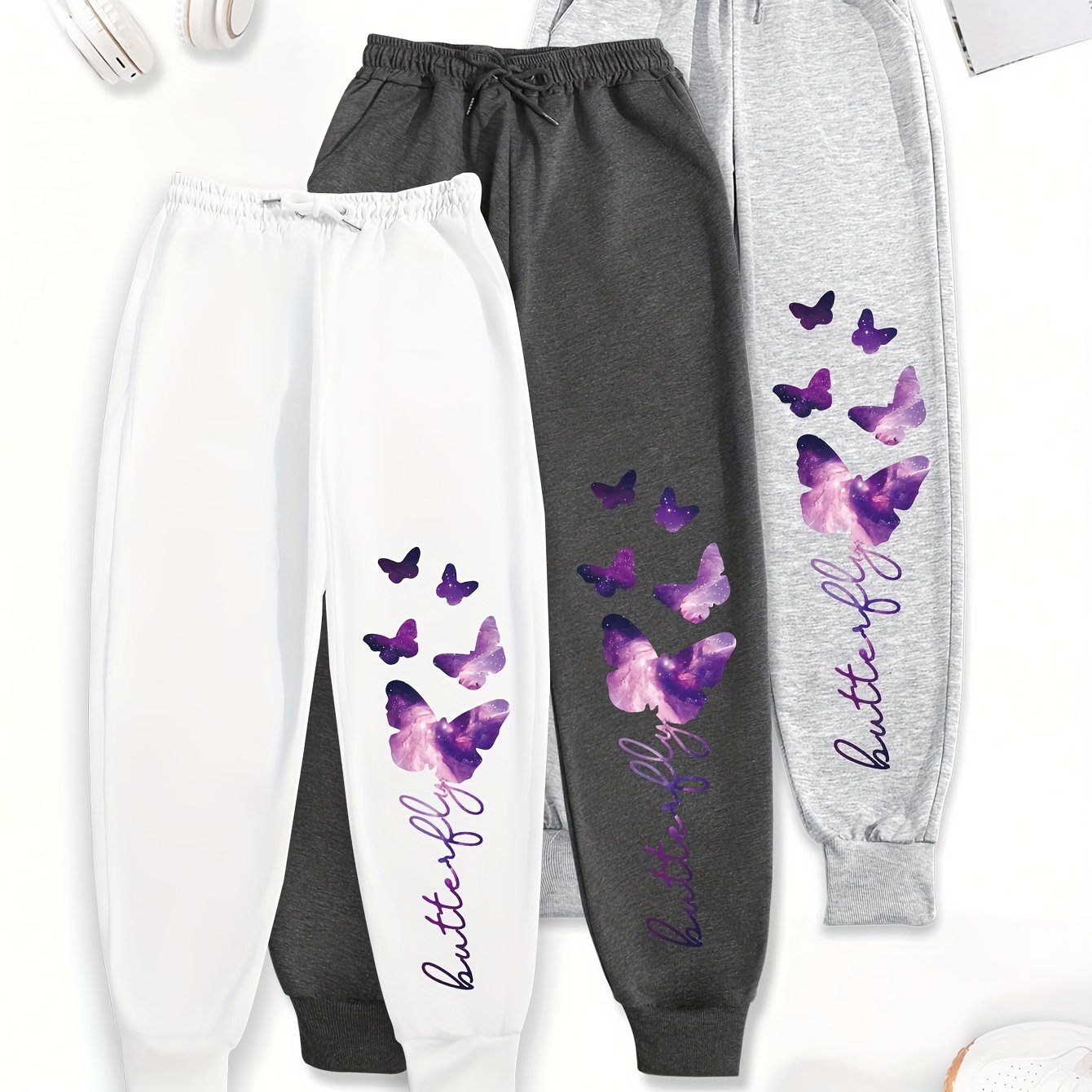 TEMU Set Of 3 Letter Print Trousers, Comfortable Elastic Waist Casual Pants For Women