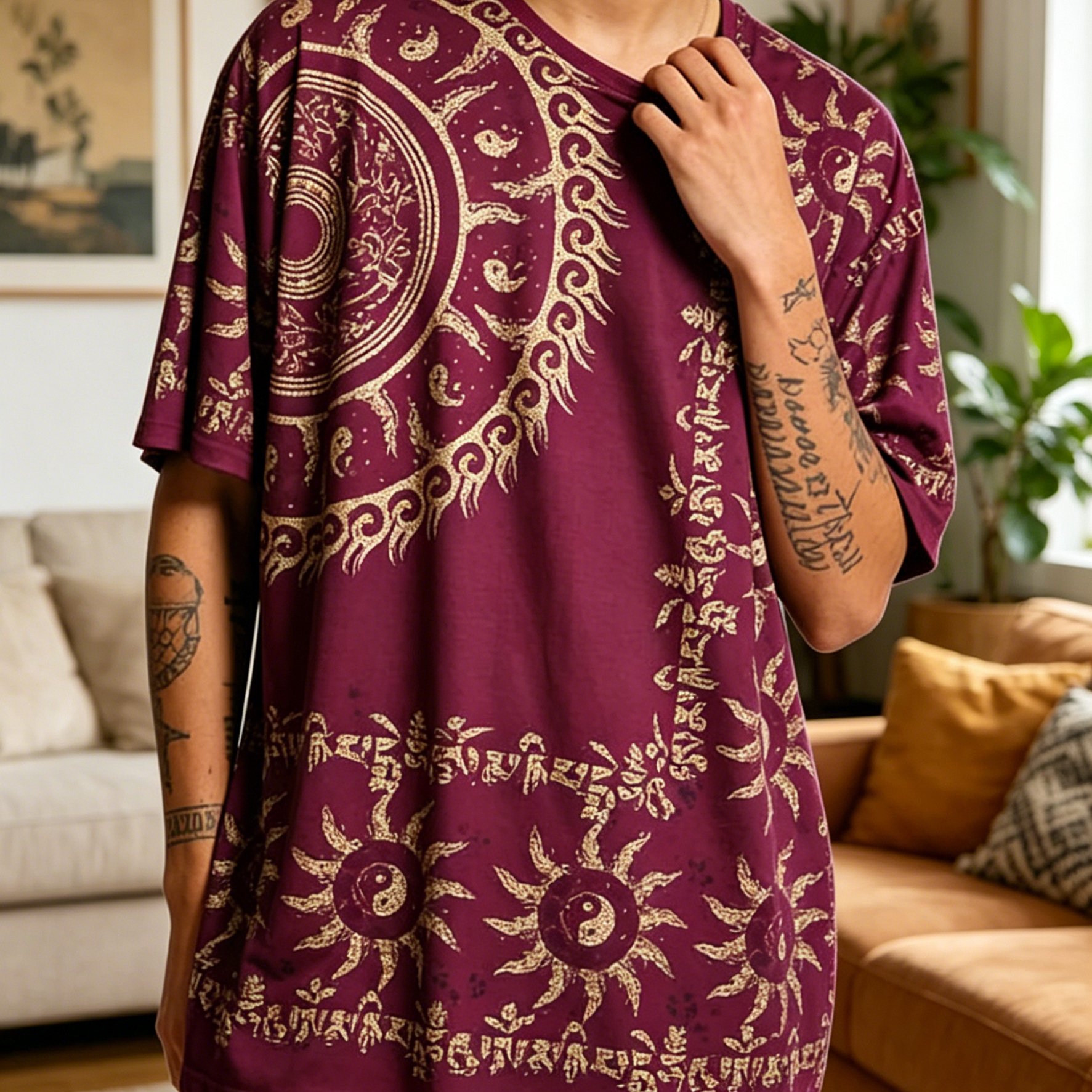 TEMU Men's Plus Size Bohemian Style Tai Chi Sun Totem Print T-shirt, Vintage Mysterious Symbol Creative , Versatile Casual Daily Wear, Comfortable