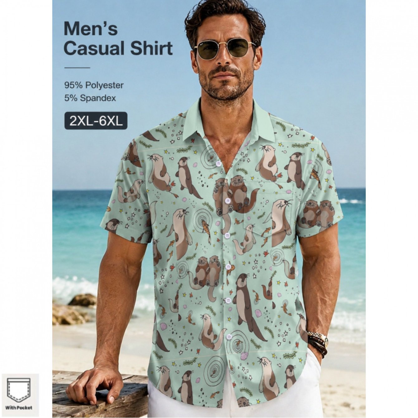 TEMU [printed Design-nottextured] Men's Plus Size Shirt 1pc Cute Otter Print Short Sleeve Shirt Fun Casual Wear Machine Washable, Plus Size