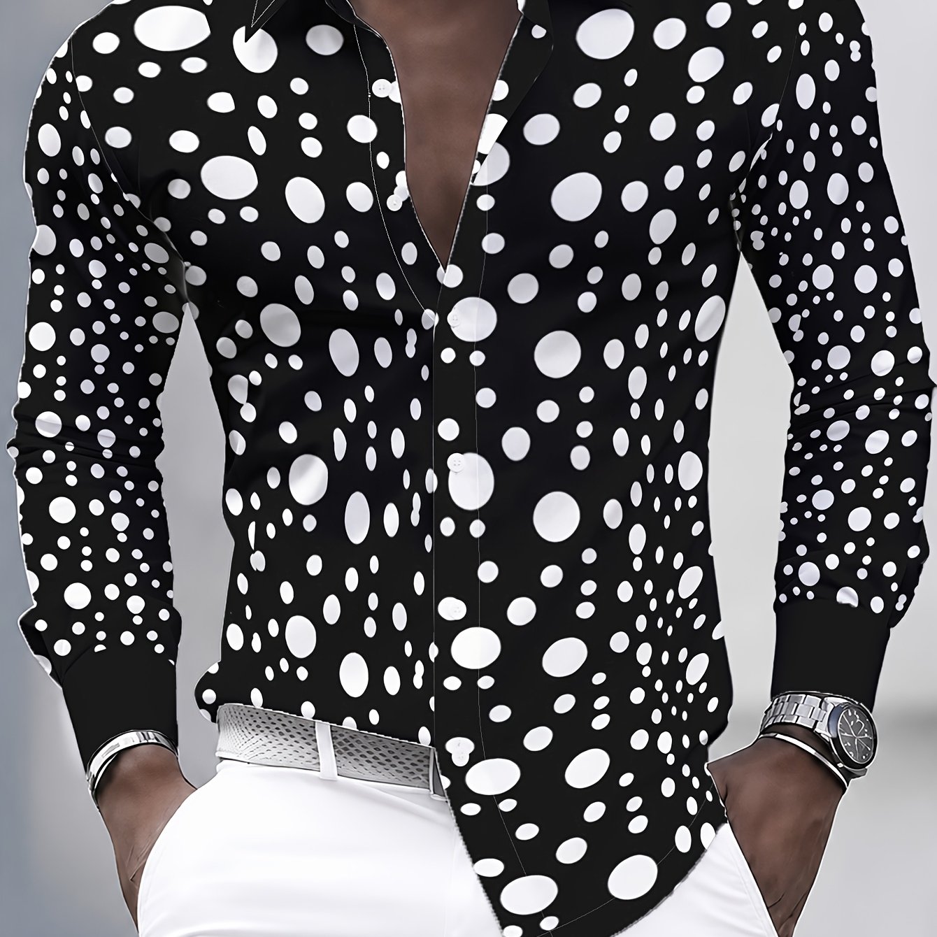 TEMU [printed Design â Not Textured] Men's Long Sleeve Shirt For Spring And Autumn, Irregular Polka , Lapel Casual Shirt, Polyester Fiber