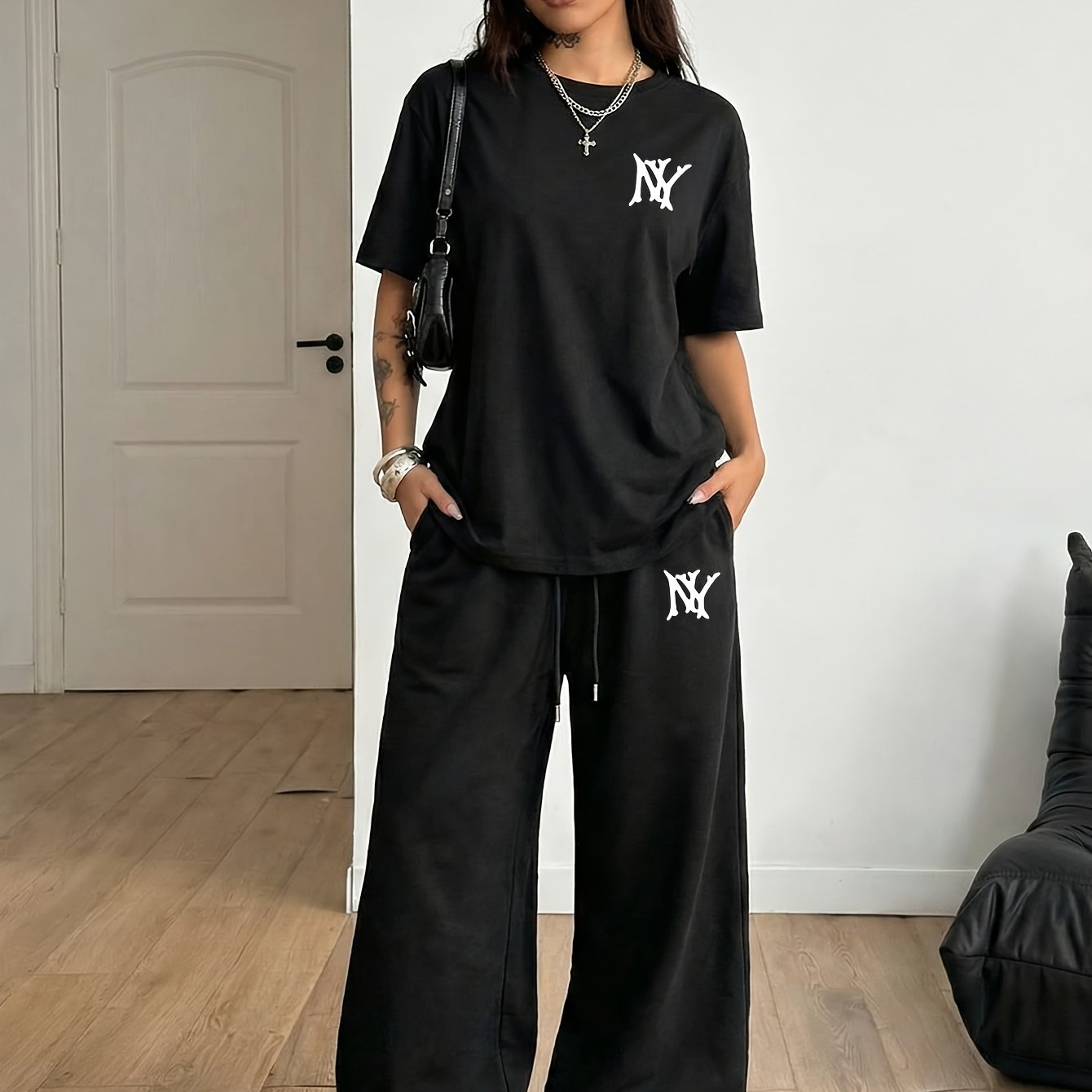 TEMU Women's 2pcs Set: Spring/summer Simple And Versatile "ny" Letter Print Daily Casual Short-sleeve T-shirt With Drawstring Loose Straight-leg