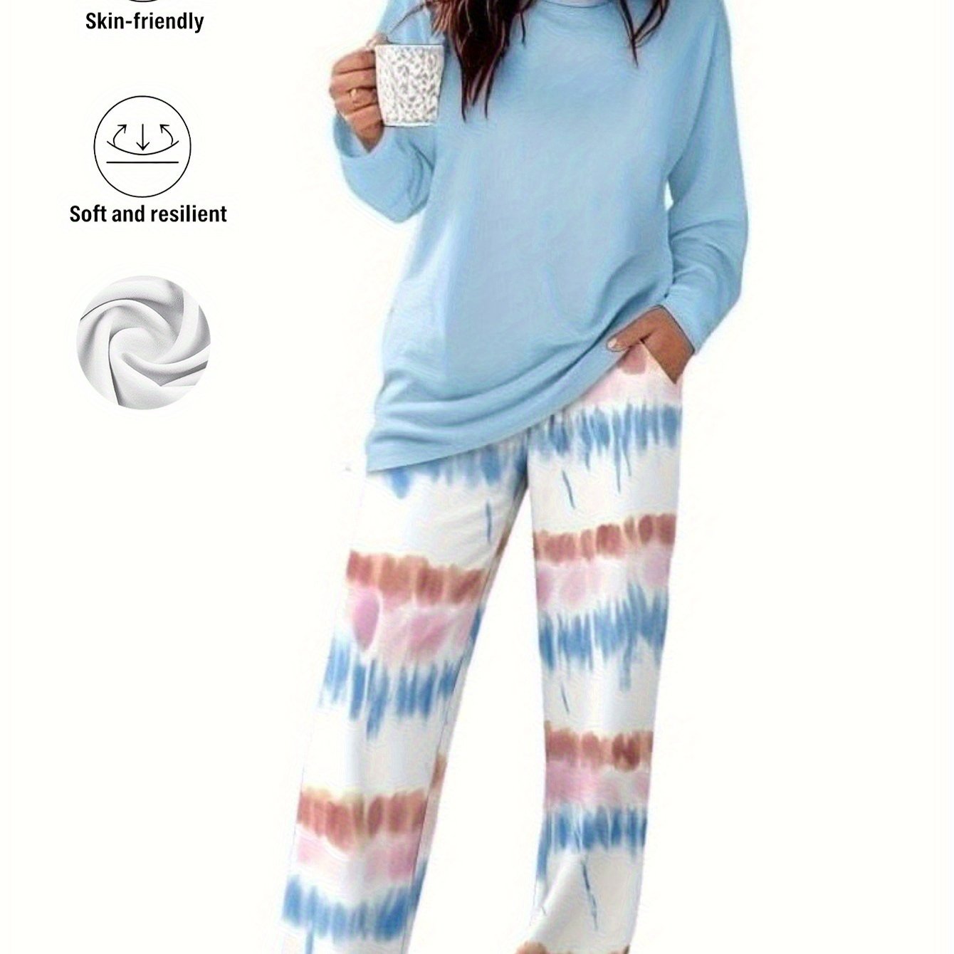 TEMU Women's 2pcs Pajama For Homewear Set, Round Neck Long-sleeved T-shirt, Tie-dye Style Printed Trousers, The Fabric Is Soft And Machine Washable, And For (s-xxl Large Size) Pajama Set