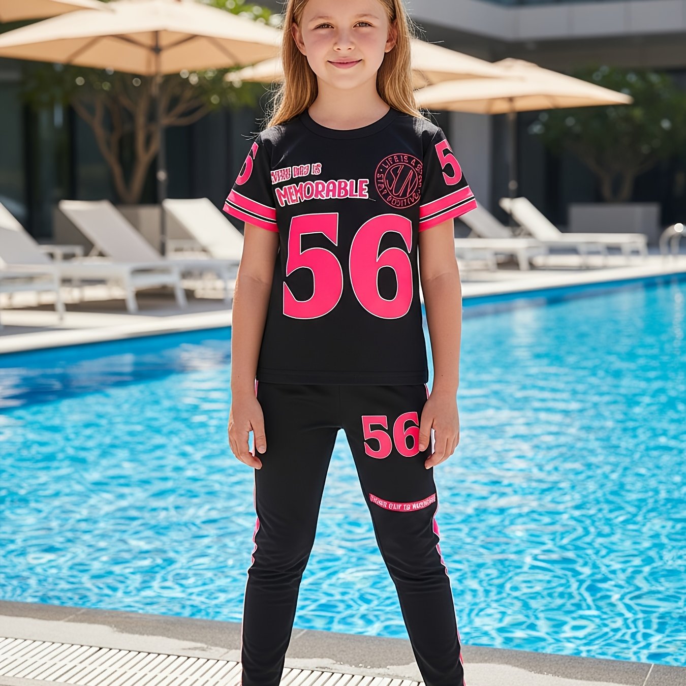 Image of Girls' 2pcs Number Striped Print Short Sleeve T-shirt And Casual Striped Long Pants Set, Ideal For Gifts, For Outdoor