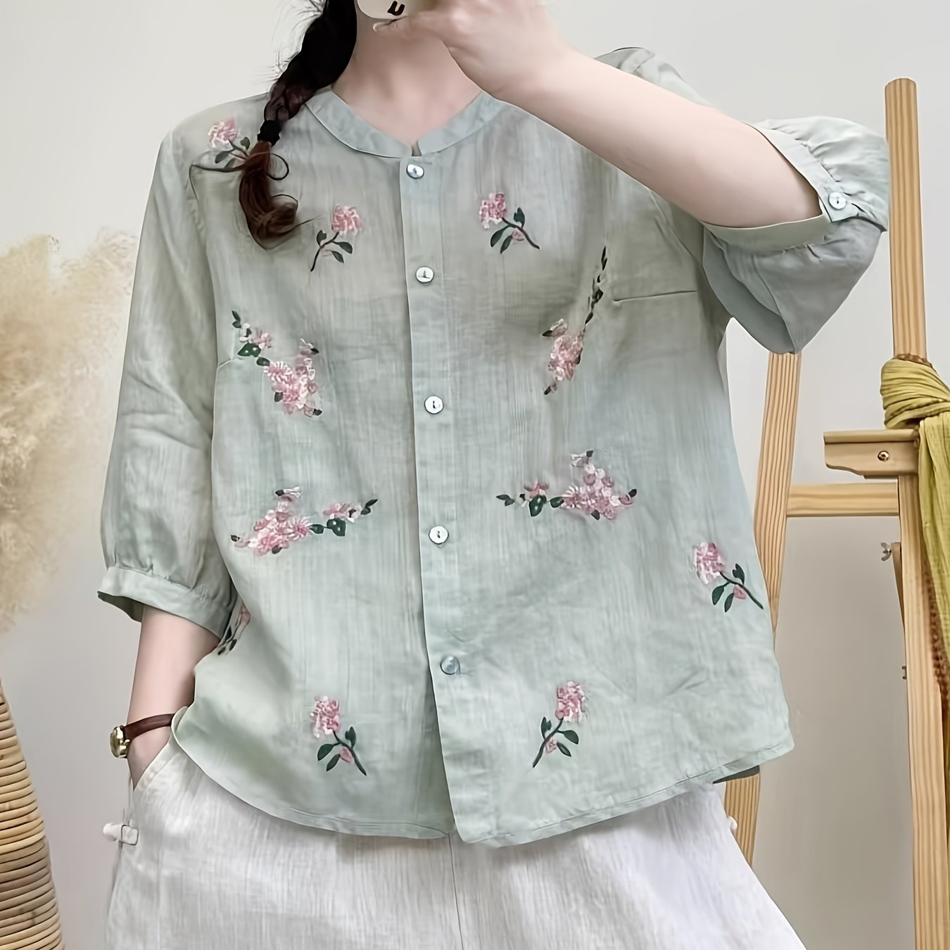 TEMU 【商品名】夏 レディース 半袖シャツ。新作 夏 多用途 花柄 刺繍 シャツ。レディース ファッション トップス