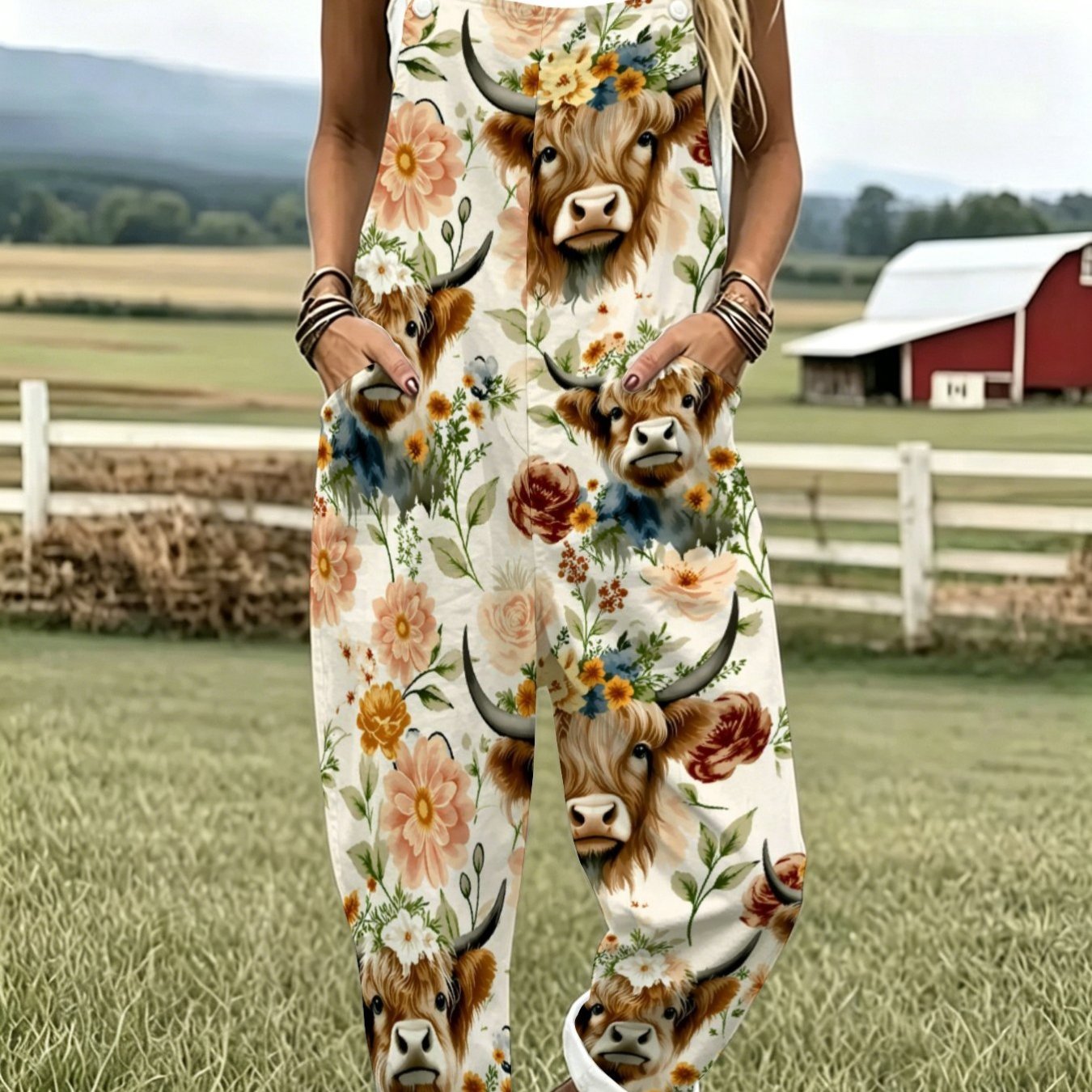 TEMU Women's Leisure Overalls Farm Cow Print Fashion Sleeveless Button Design With Pockets Suitable For Vacation And Daily Wear Loose Fit