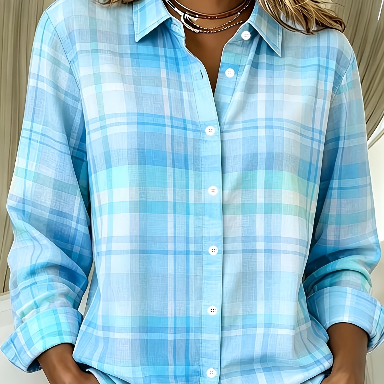 TEMU Chemise décontractée à manches longues et à imprimé écossais pour femme grande taille