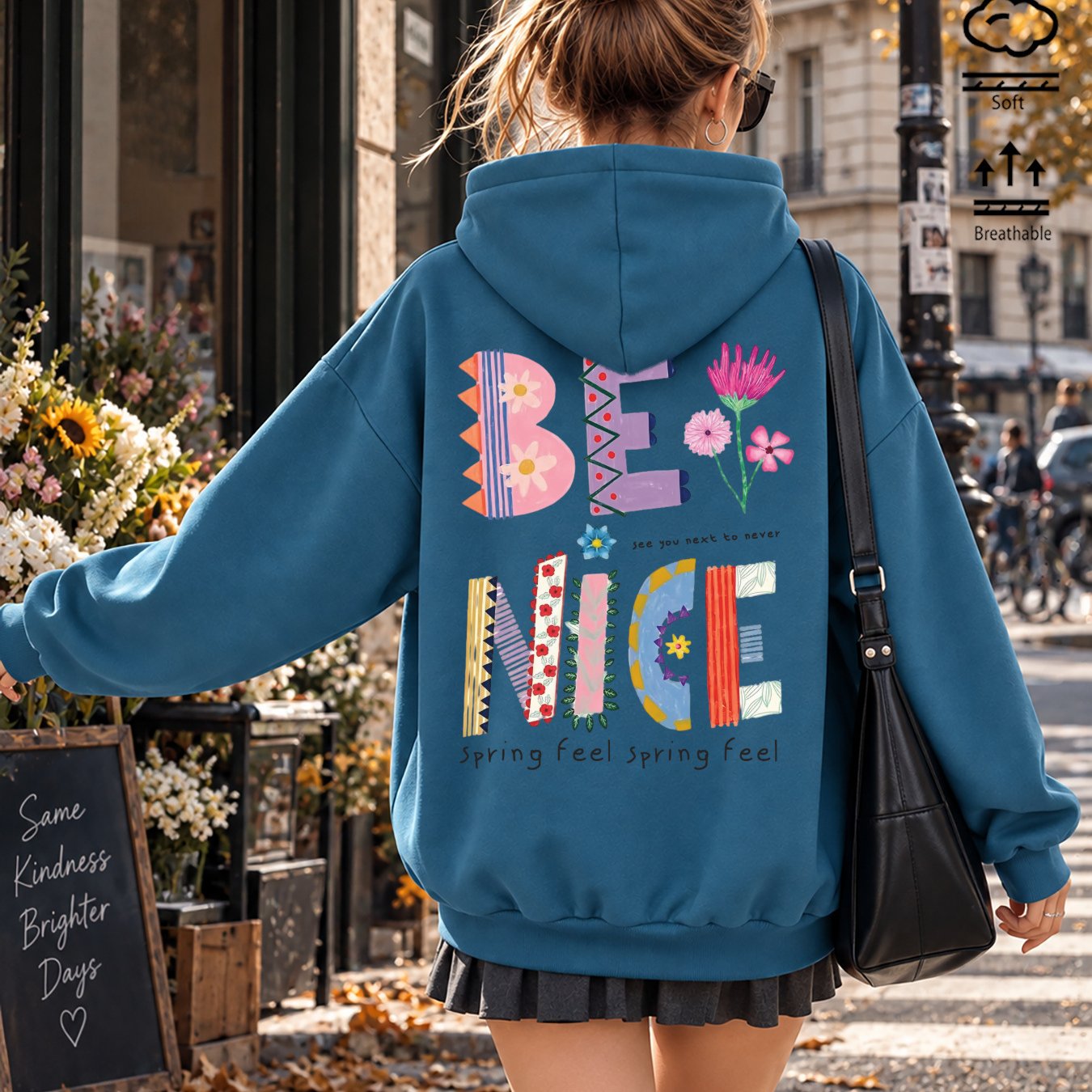 Image of Autumn Women's Fashionable Loose Drop-shoulder Hoodie With Back Colorful 'nice' Letter And Flower Print And ' ' Text, Casual Pocket Drawstring Pullover Jacket