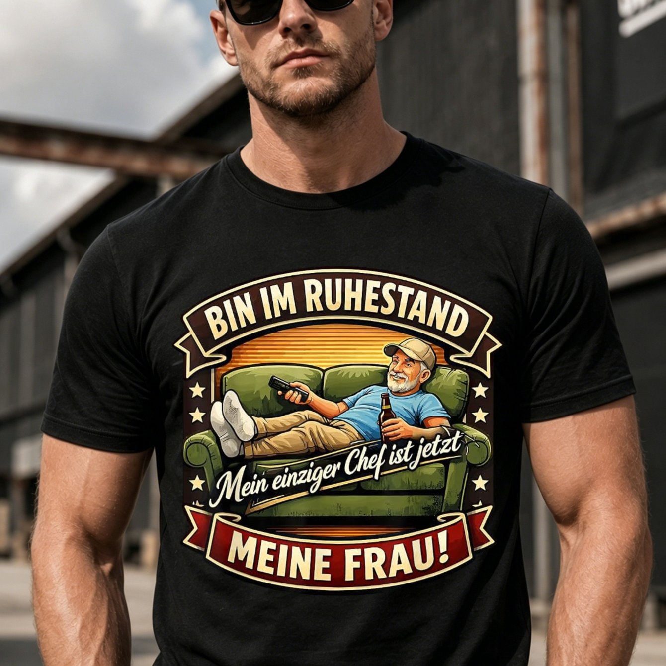Image of Men's Funny Retirement T-shirt - "bin Im Ruhestand Meine Frau" Suitable For Husband Gift, Loose Fit Casual Round Neck Tee With "wife Is " Quote, Humorous Retirement Present For Retired Men