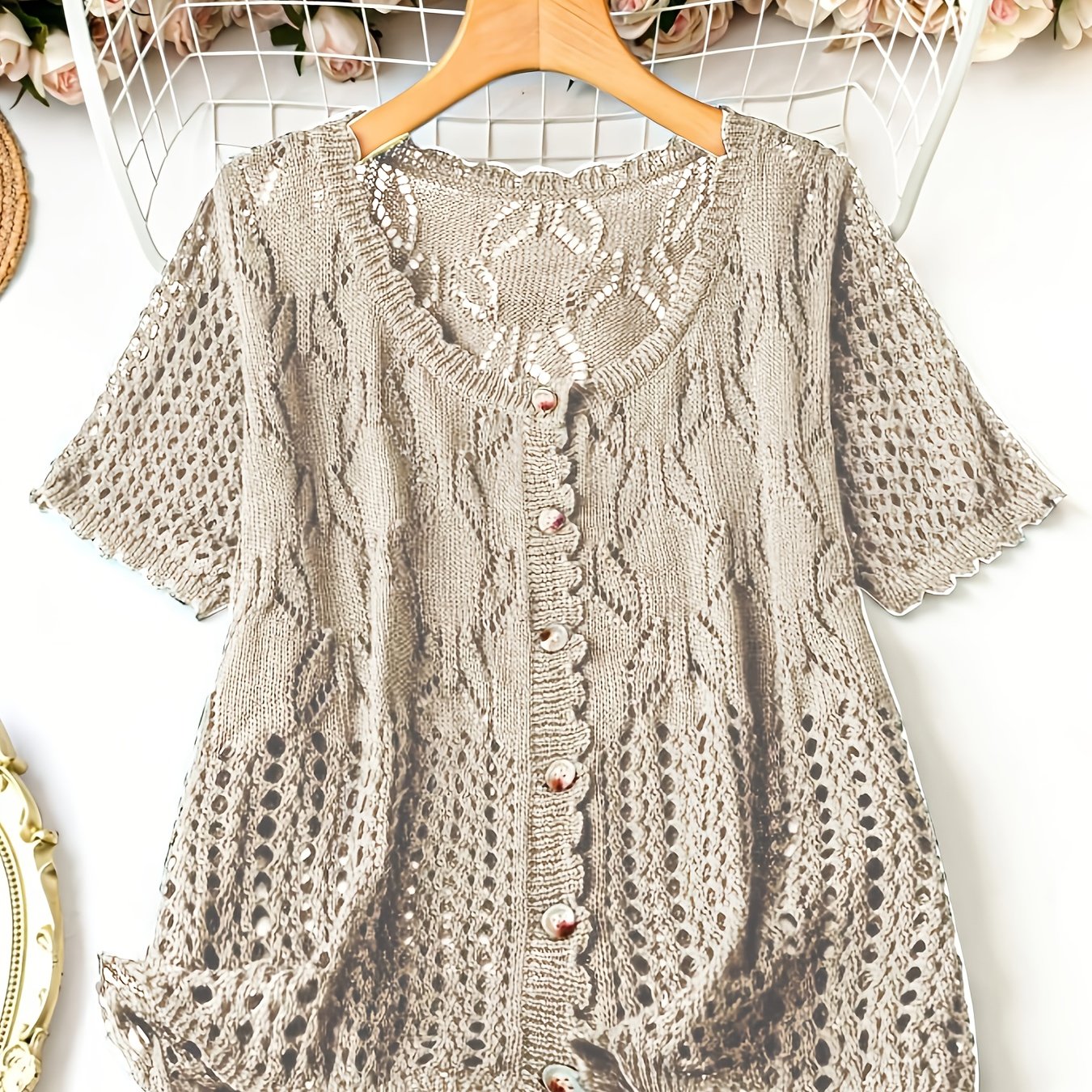 E-shop Plus Size, Lochmuster Kurzarm-Cardigan, Elegantes Hochwertiges Oberteil