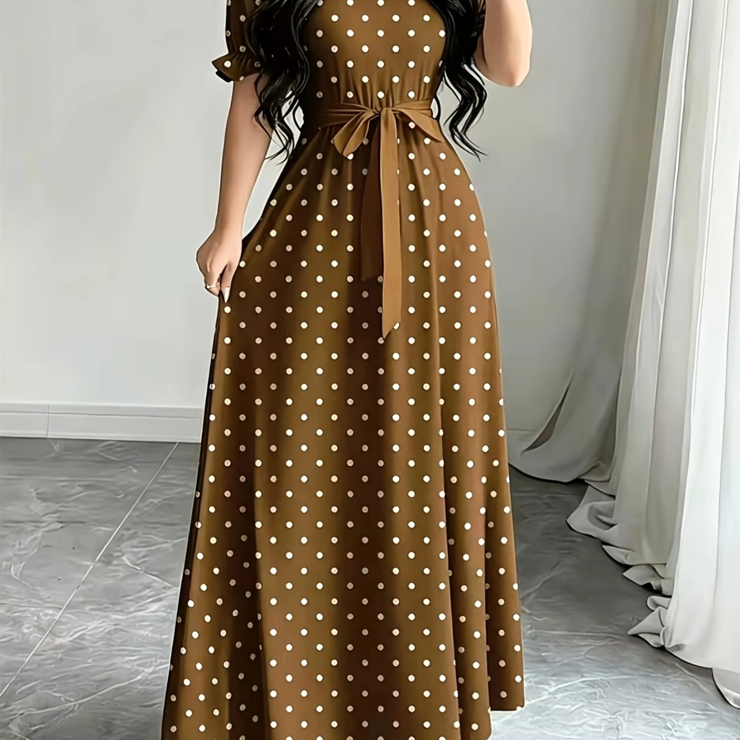 TEMU Women's Polka Dot Printed Round Neck Casual Belted Dress, Summer Short Sleeve Dress