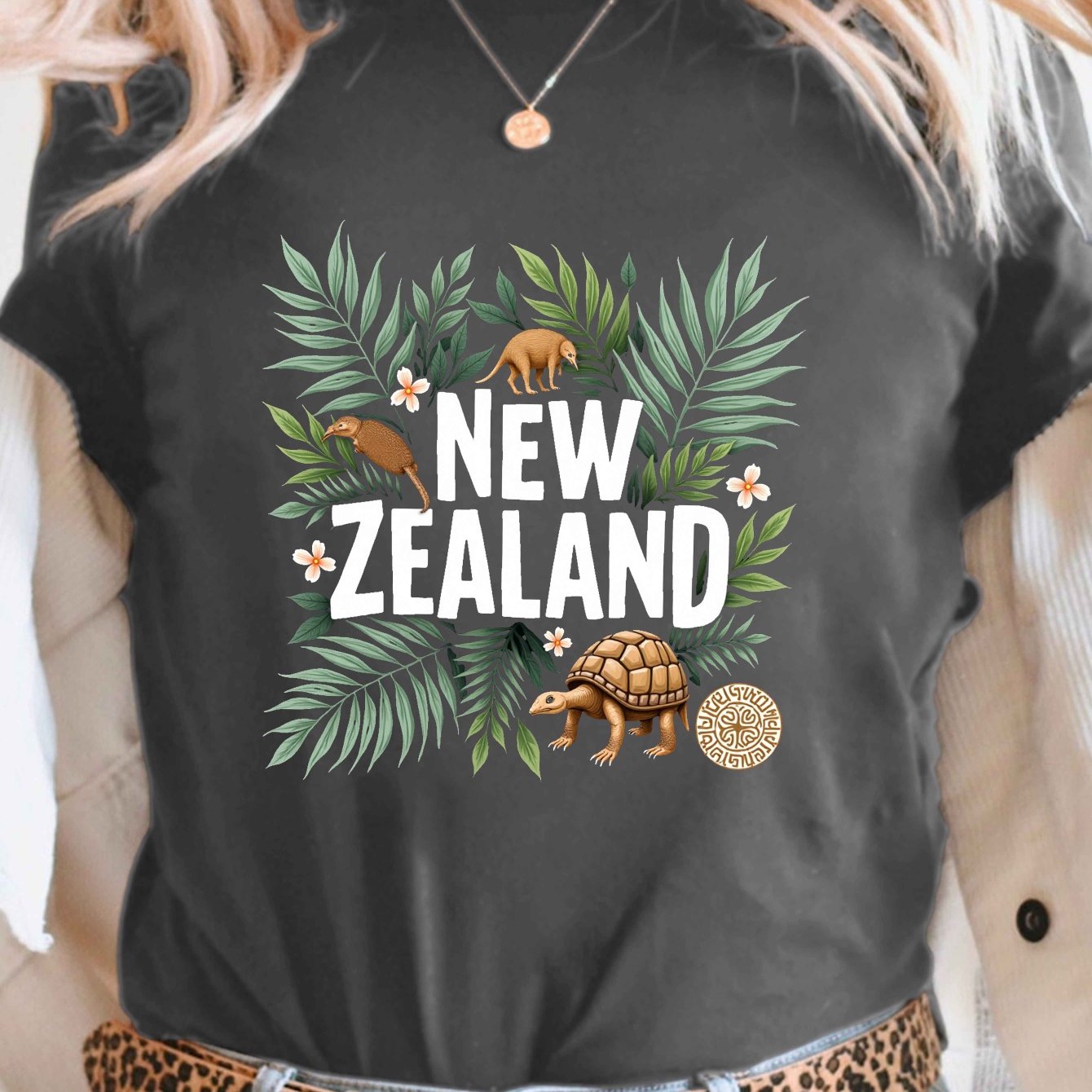TEMU Leaves Kiwi New Zealand Print T-shirt, Short Sleeve Crew Neck Casual Top For Summer & Spring, Women's Clothing