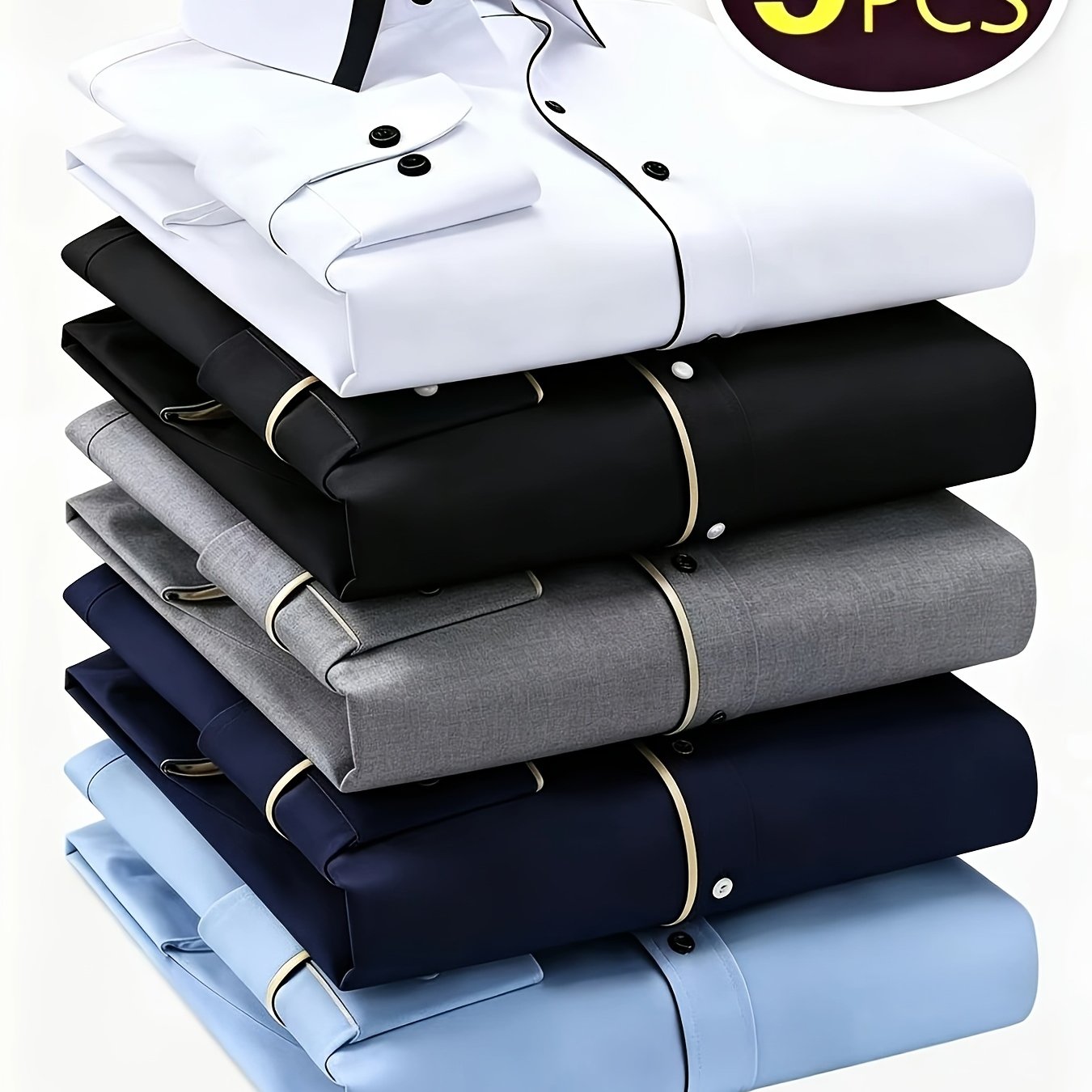 TEMU 5pcs Men's Business Casual Solid Color Shirt Set, Matching, Comfortable And Wrinkle-free, Contrast Collar, Button-up Lapel, Daily Home And