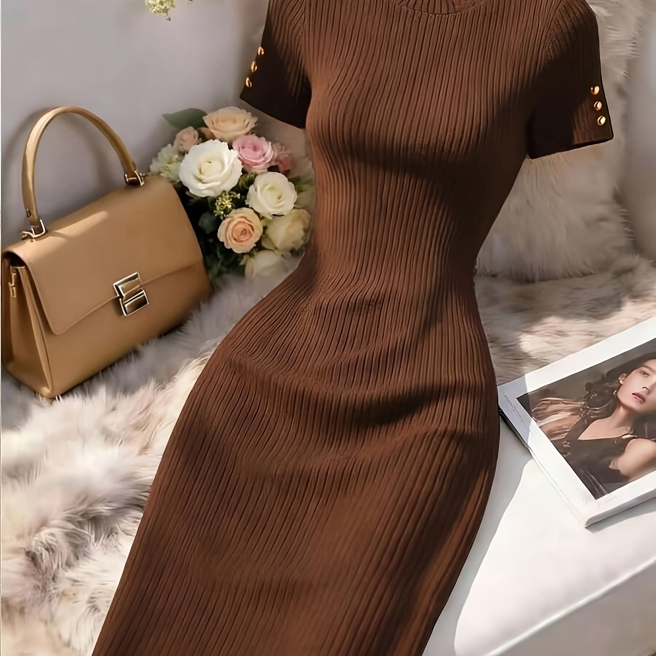 TEMU Women' Color Round Neck Short Sleeve Button Design Slim Fit Elegant Mini Dress
