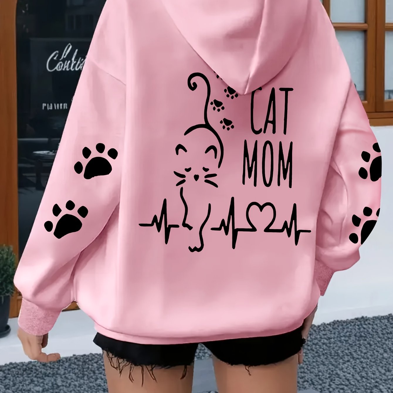 TEMU Plus Size Women's Comfortable And Casual Hoodies, Cat , Long-sleeve Round Neck Lightweight Elastic Hoodies, Machine Washable - 100%, Sports