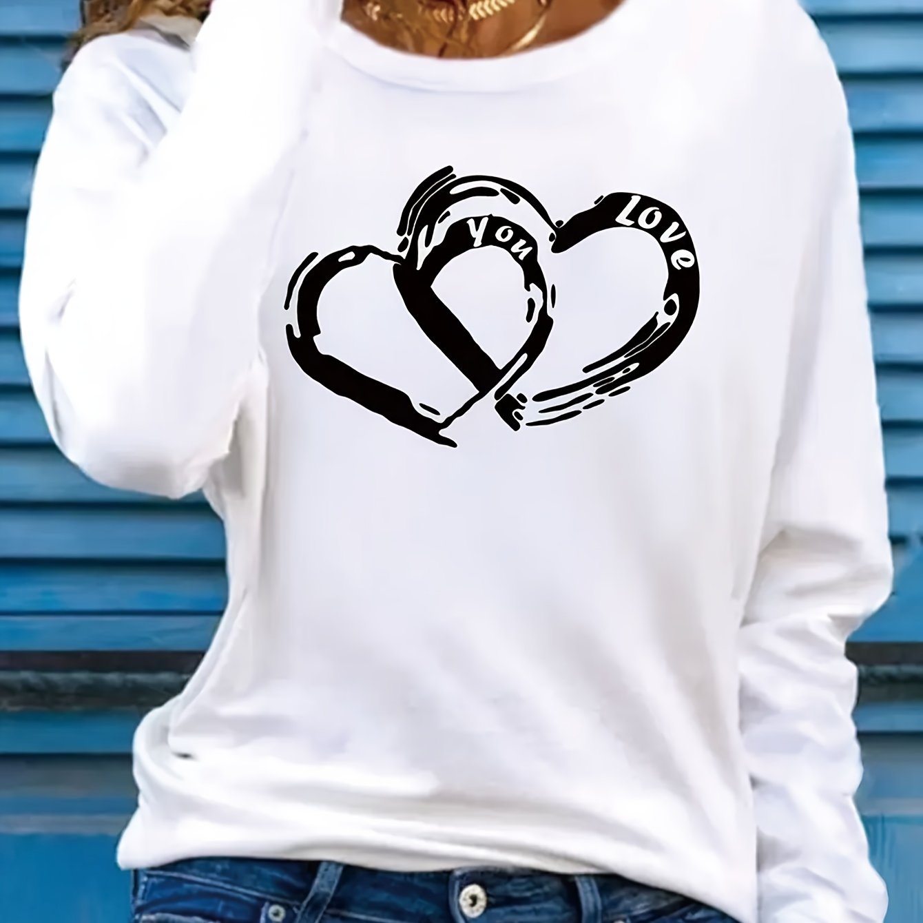 TEMU Women's Casual Long Sleeve Round Neck T-shirt - Heart Pattern Print, Medium Washable Top, Fit For Autumn/winter