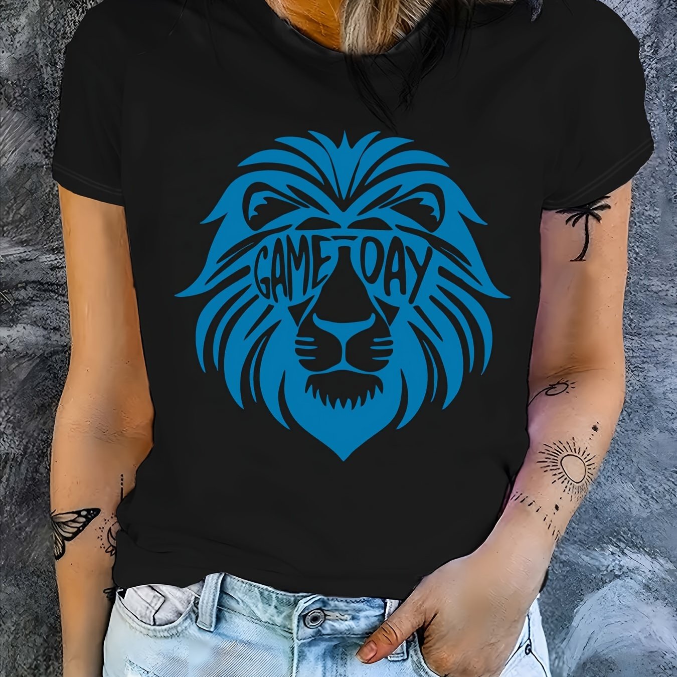 TEMU Lion Graphic Print T-shirt, Short Sleeve Crew Neck Casual Top For Summer & Spring, Women's Clothing