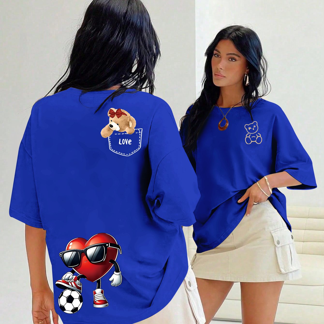 TEMU Plus Size - Plus Size - Trendy Cartoon-style Heart Print Soccer Shirt, Plus-size Loose T-shirt For Women And Summer, Sweet And Cool Casual Top