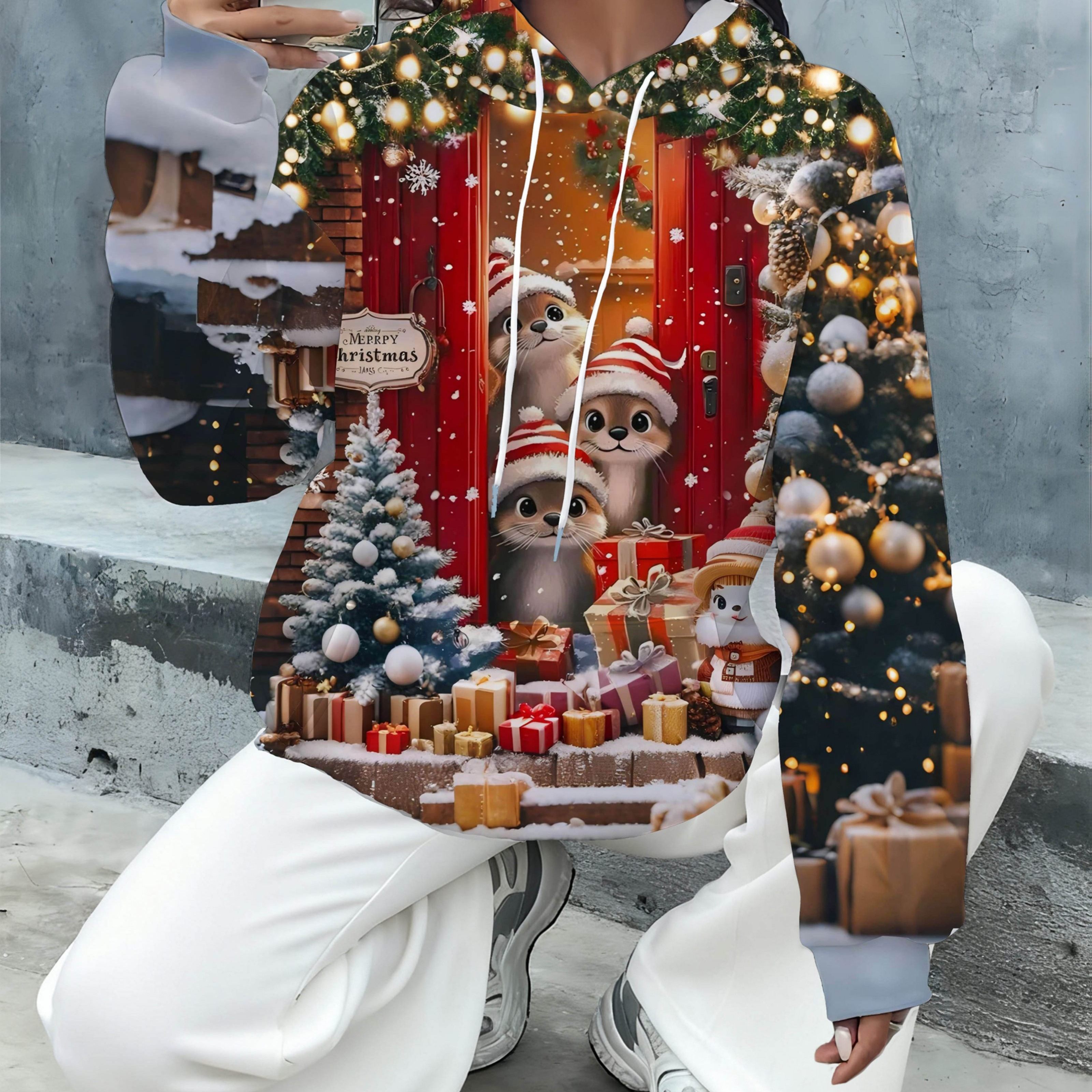 TEMU Plus Size, Women's Elegant Christmas Hoodie With Santa And Reindeer Print - Cozy Winter Pullover, Hooded Sweatshirt With Drawstring, Machine