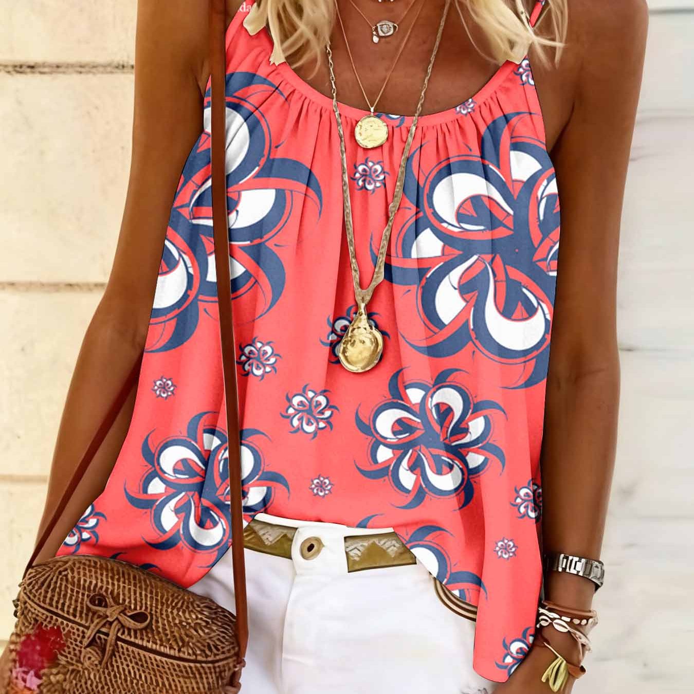 Women's Resort Vacation Printed Cami Top Loose Fit Spaghetti Strap Top For