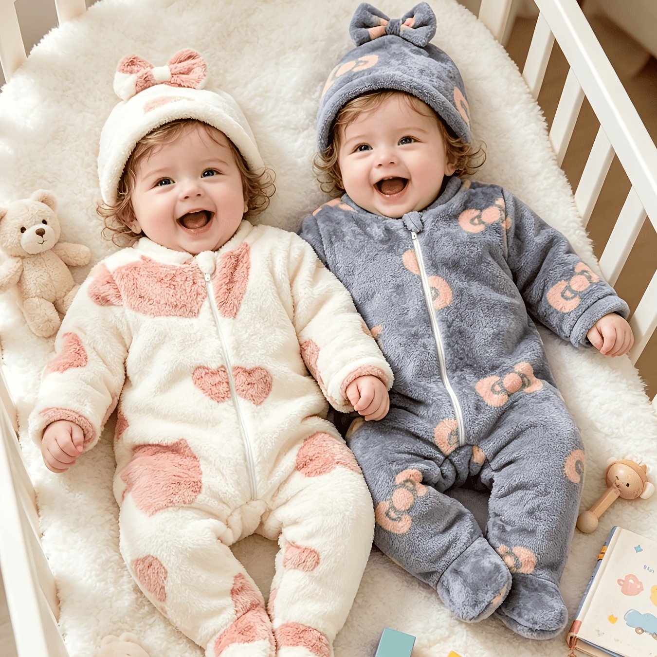 2pcs Autumn/winter Newborn Baby Girl Pink Heart & Bow Pattern Zipper Footed Bodysuit + Bow Hat, Soft & Comfortable Double-sided Flannel, Perfect For Outdoor