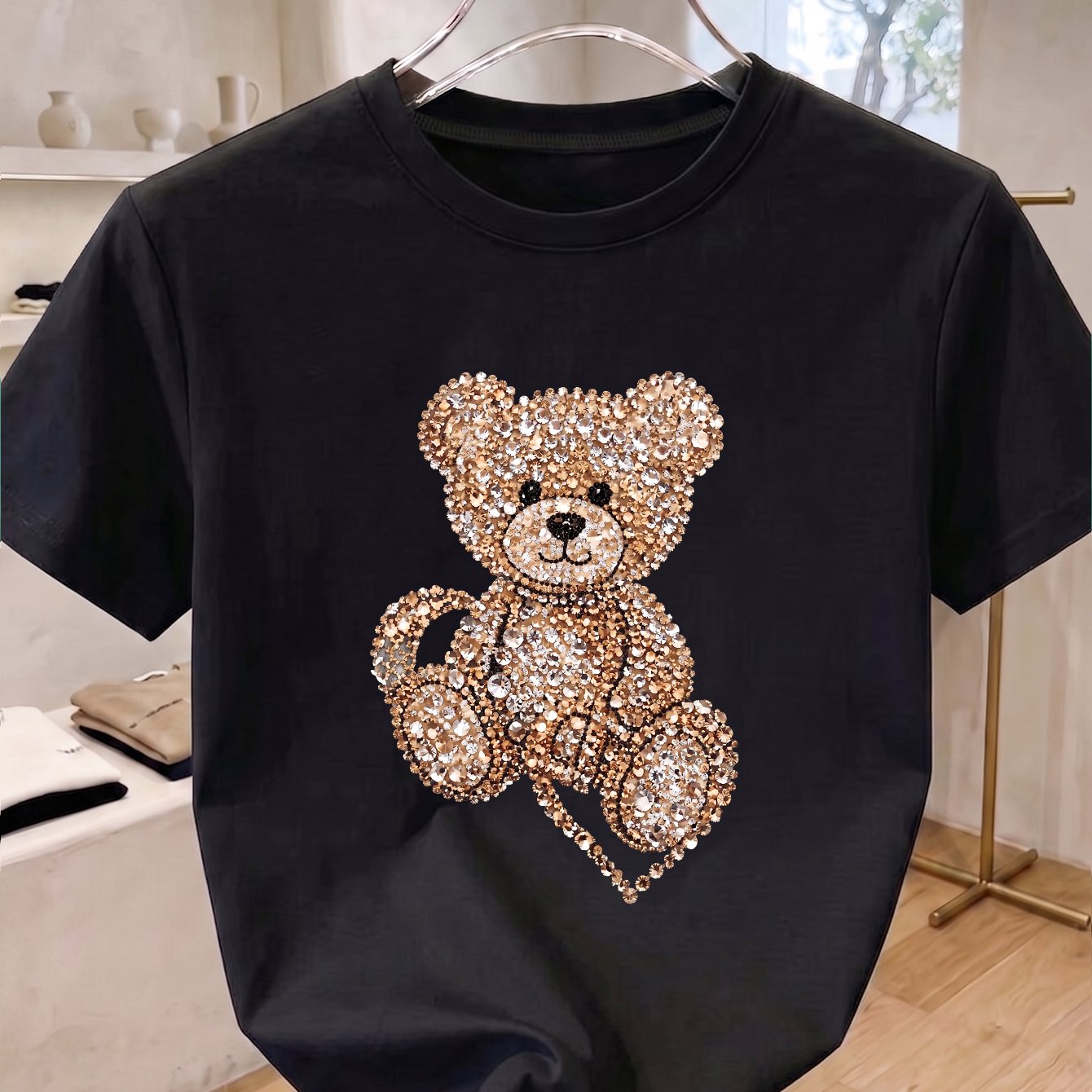 TEMU Summer Women's Fashion Casual And Elegant Tops, Cute Teddy Bear Print Women's Round Neck Short - Sleeve T - Shirt