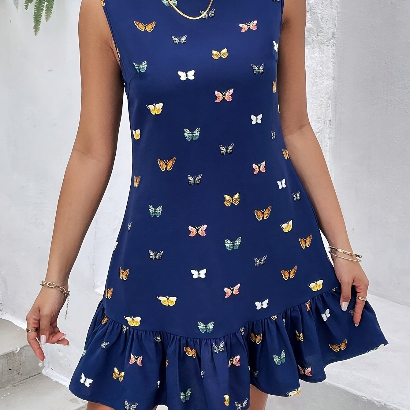 E-shop Damen Freizeit Kleid mit Schmetterlingsprint, ärmellos, A-Linie, Rundhalsausschnitt, geeignet für Frühling und Sommer