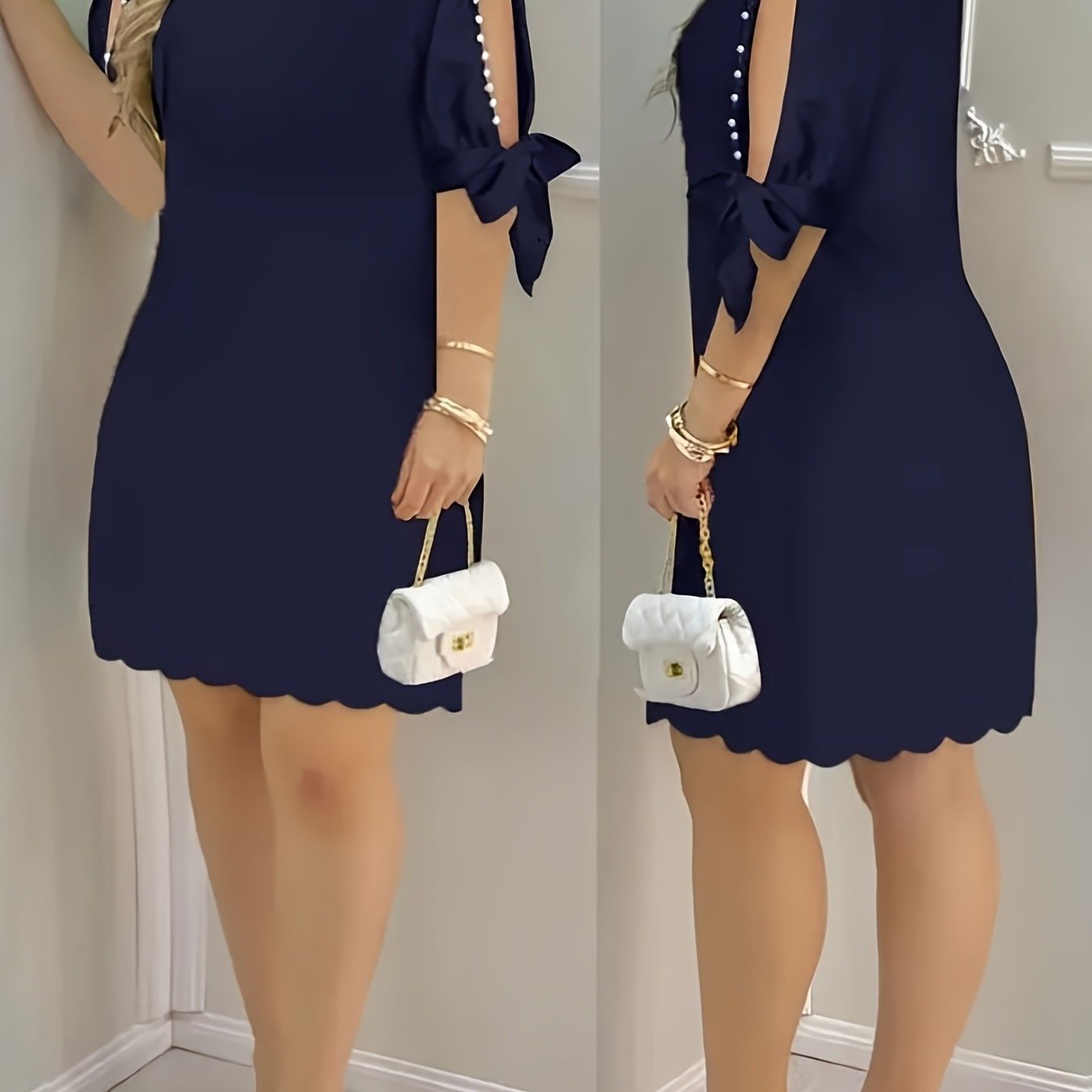 TEMU Elegant Navy Blue Off-shoulder Dress With Pearl Embellishments - Bodycon Mini Dress For Women, Perfect For Spring/summer, Round Neck,