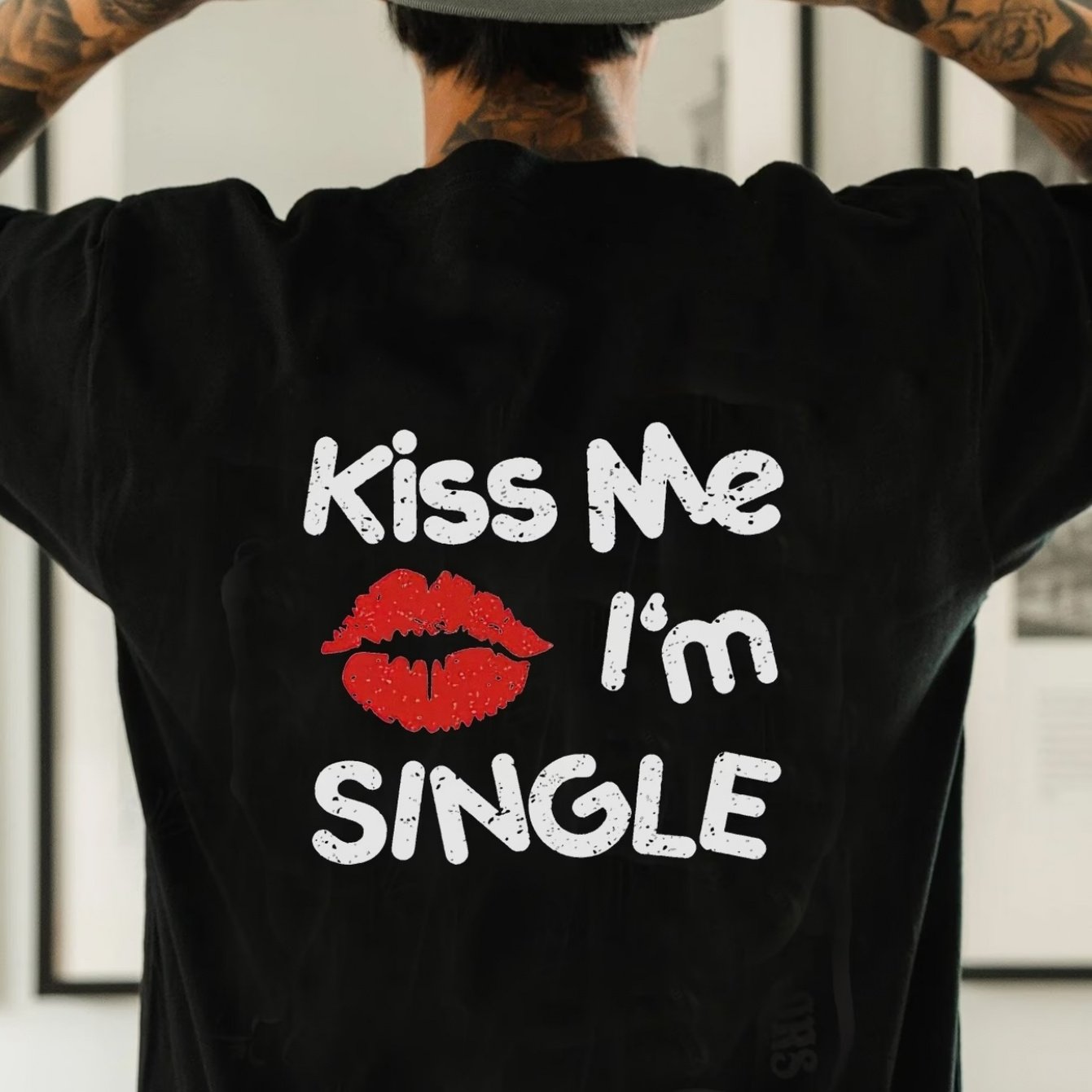 TEMU Men's ", I'm Single" T-shirt - Fun Casual Short-sleeve Top, Red Lips Print T-shirt, 2d Heat Transfer, Soft And Breathable Polyester Tee,