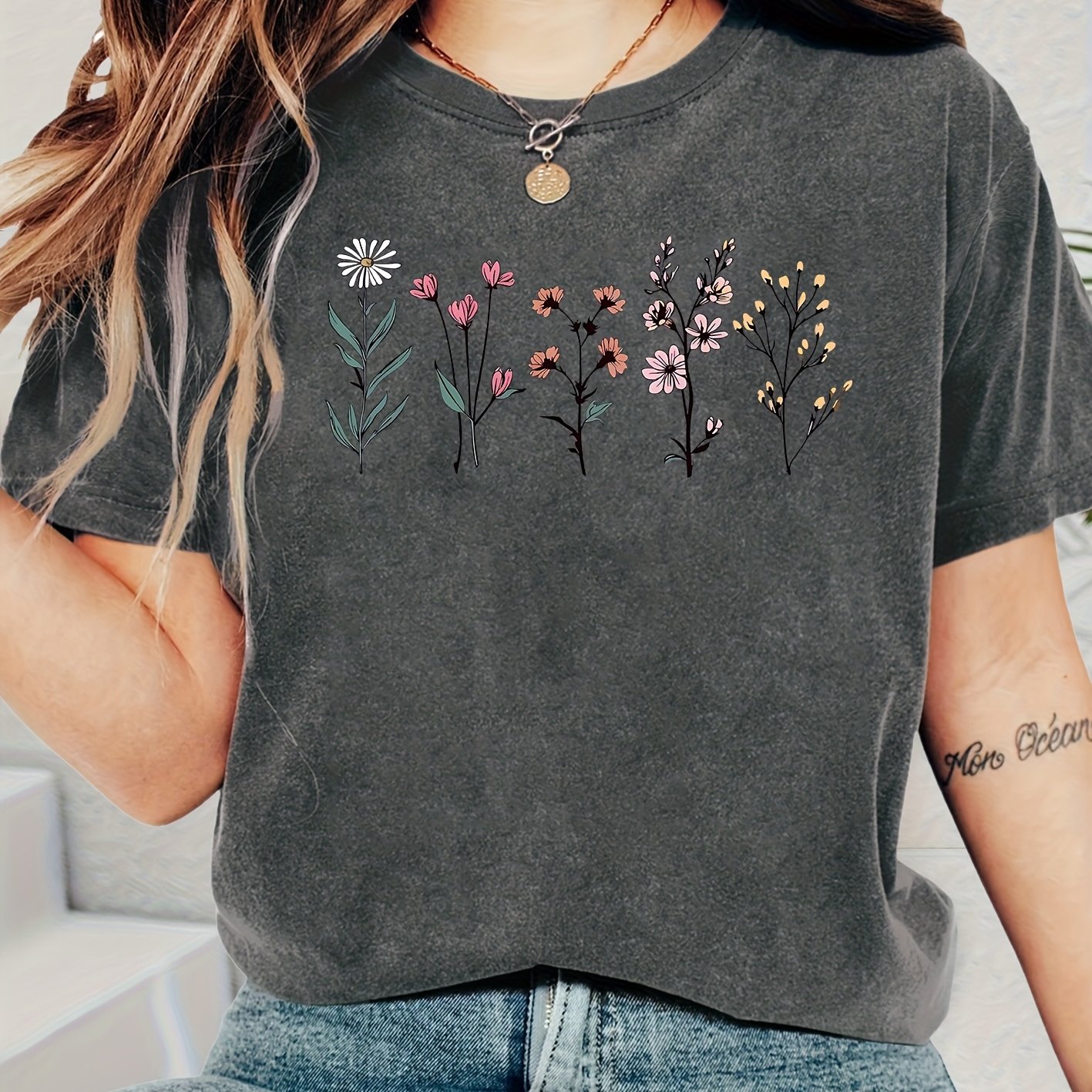 E-shop Vintage Blumenmuster Damen-T-Shirt mit Kurzen Ärmeln - Frühling Sommer Herbst Freizeitoberteil mit Rundhalsausschnitt, Mitteldehnbarer Stoff &