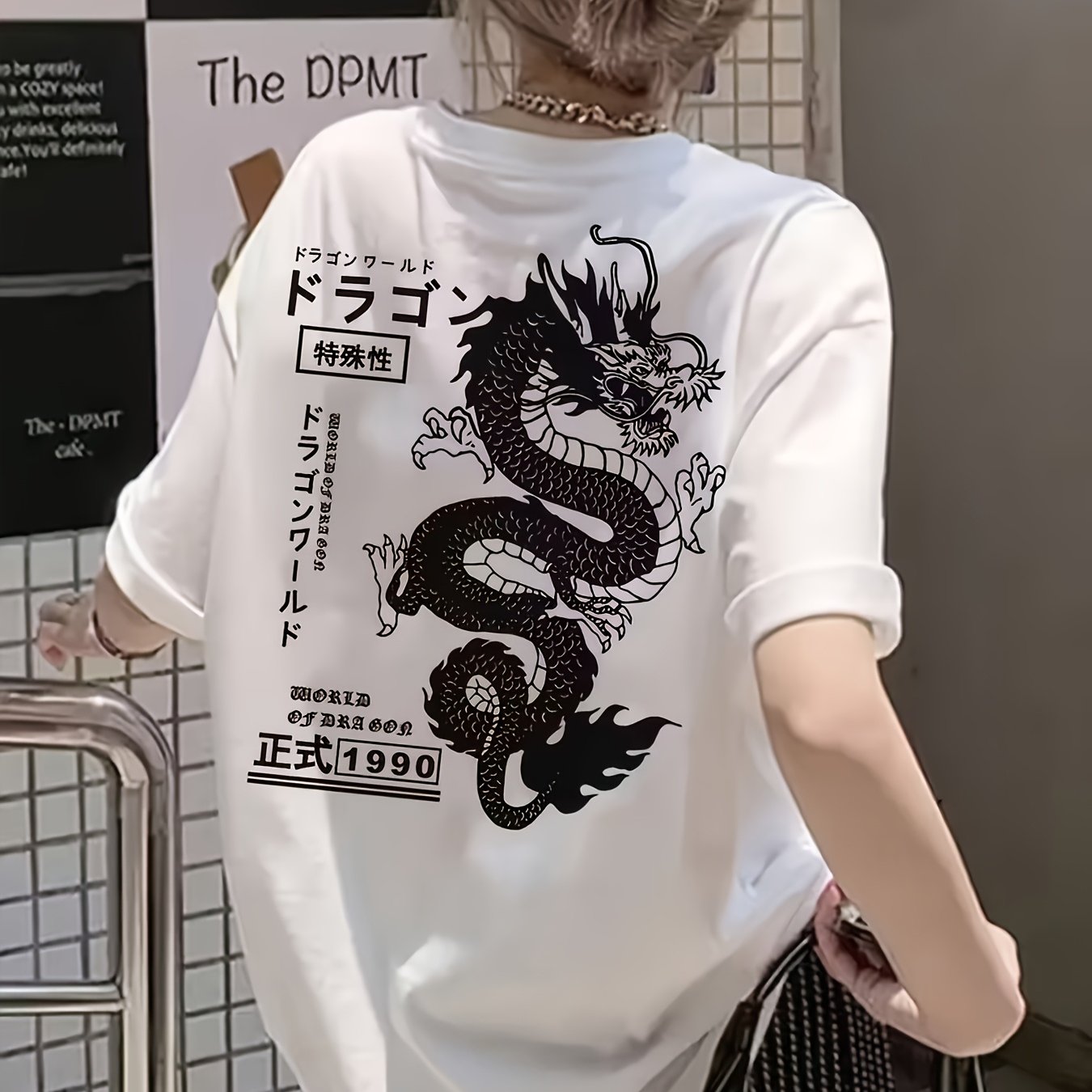 TEMU Dark Aesthetic Dragon Pattern Japanese Print T-shirt | Slim Fit Short Sleeve | Versatile Casual Top