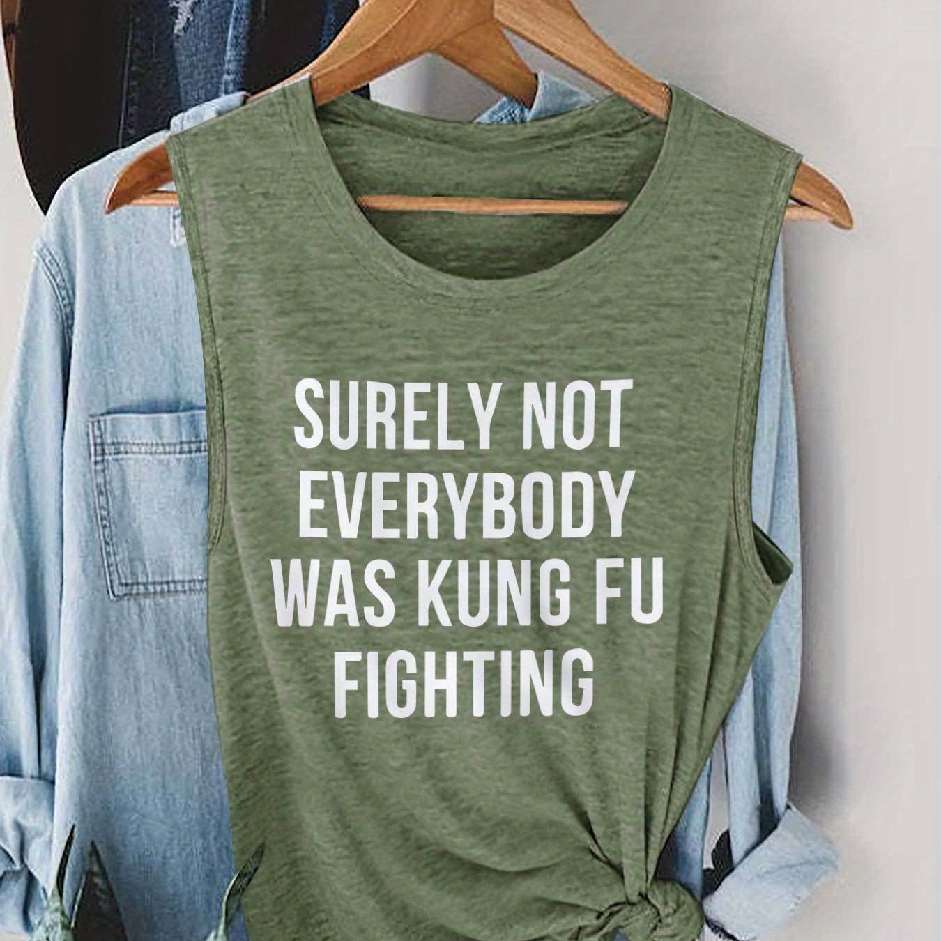 TEMU Women's Casual Sleeveless Tank Top With " Not Was Fu Fighting" Letter Print, Crew Neck, Lightweight Polyester, Perfect For , Humorous Clothing|