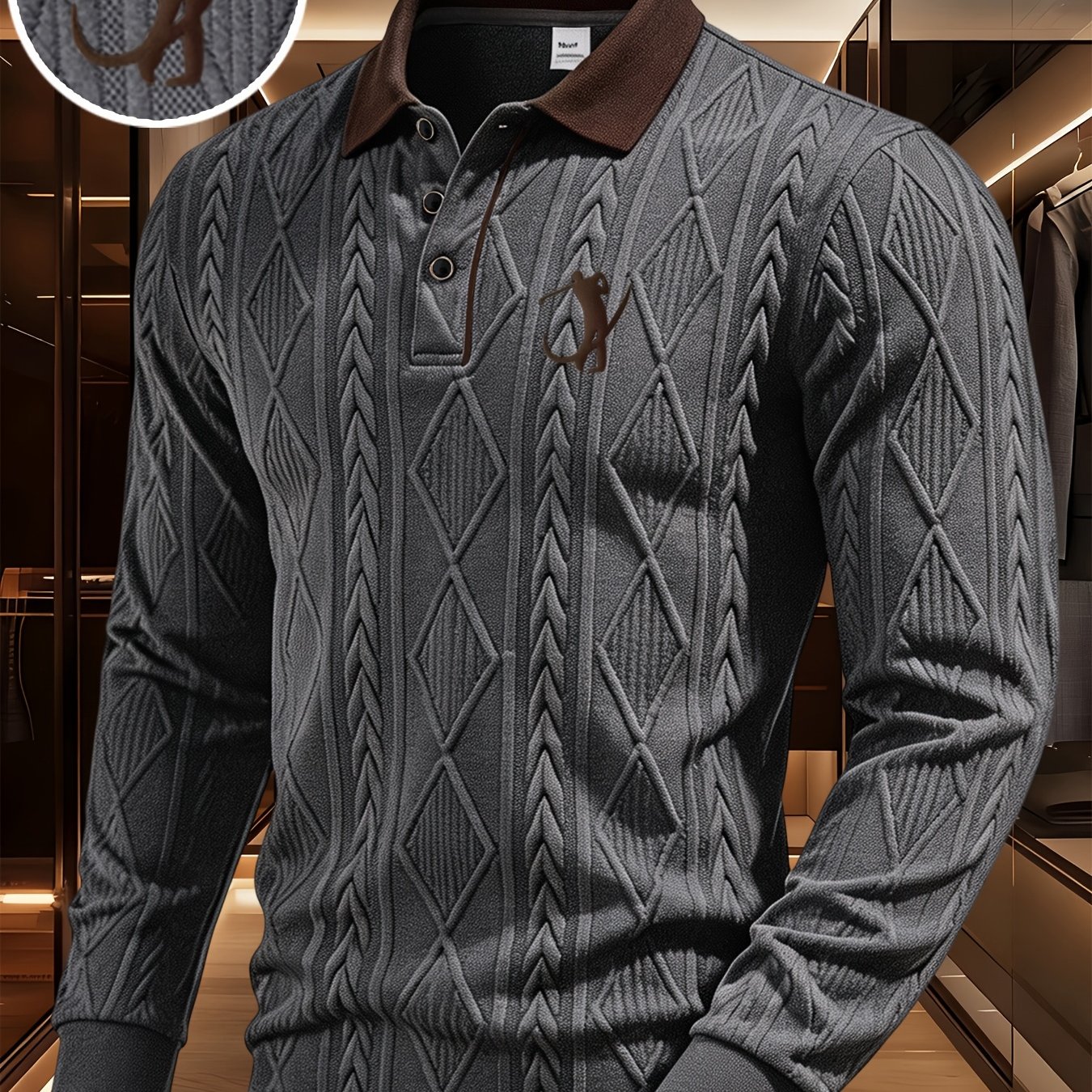 TEMU Polo à manches longues pour homme, imprimé 3D en relief de de golf, poids en mousse, T-shirt à design réversible à couleurs contrastées, pour le